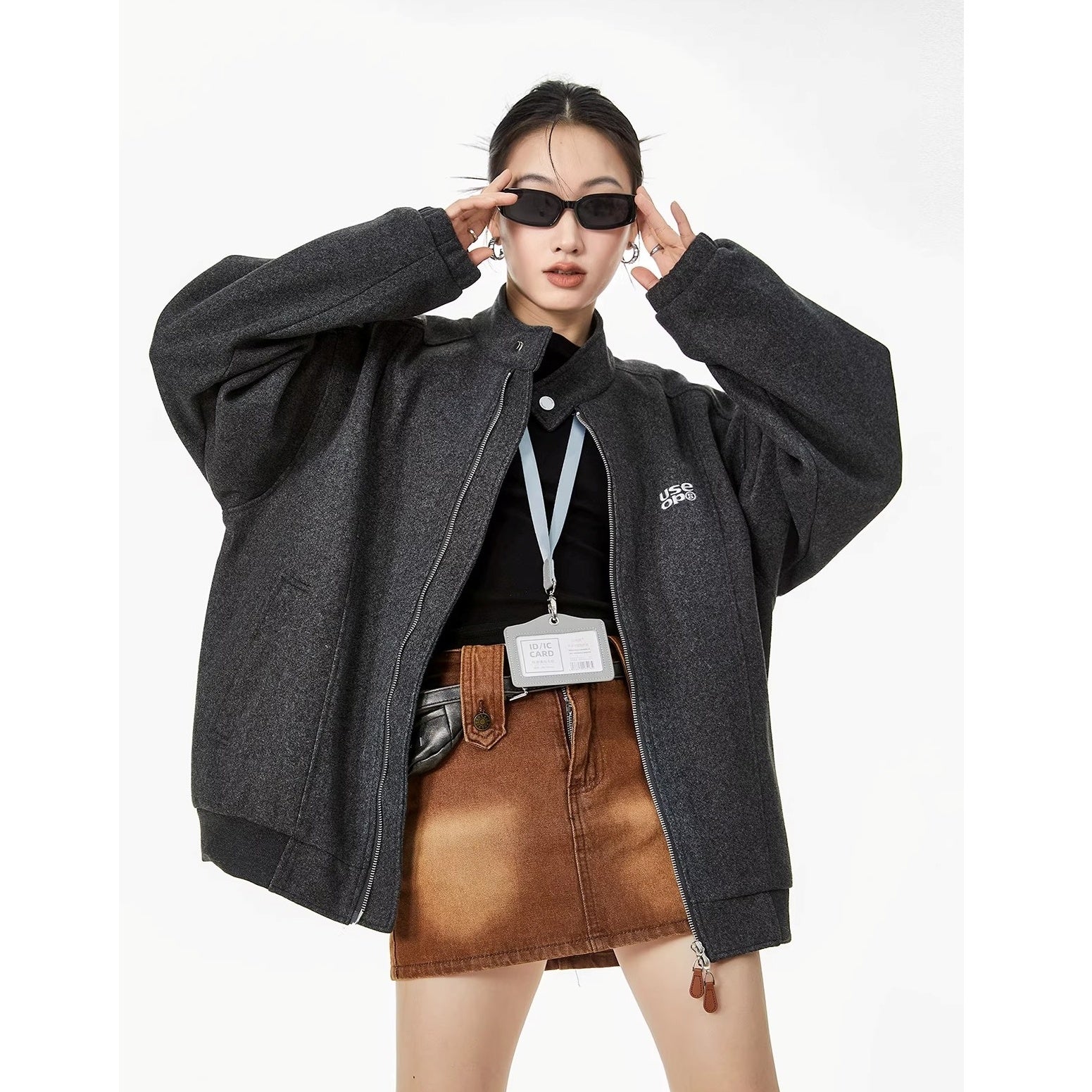 Embroidered Stand Collar Zip Jacket IC9119