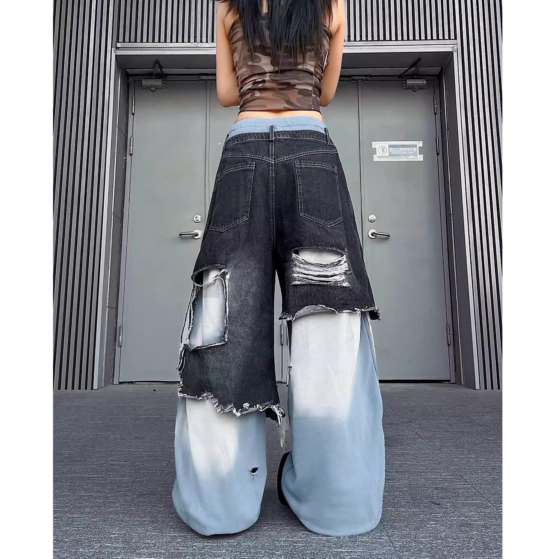 Fake Two Pieces Punk Denim Patchwork Flare Pants MW10338