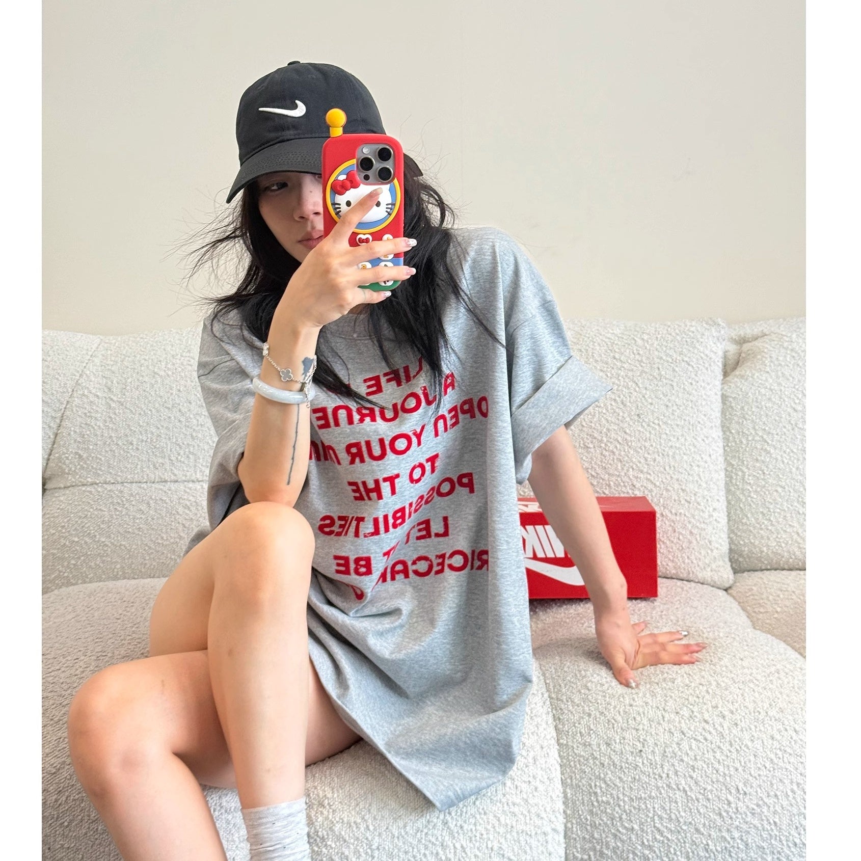 Flocking Red Letter Print T-Shirt MW10174