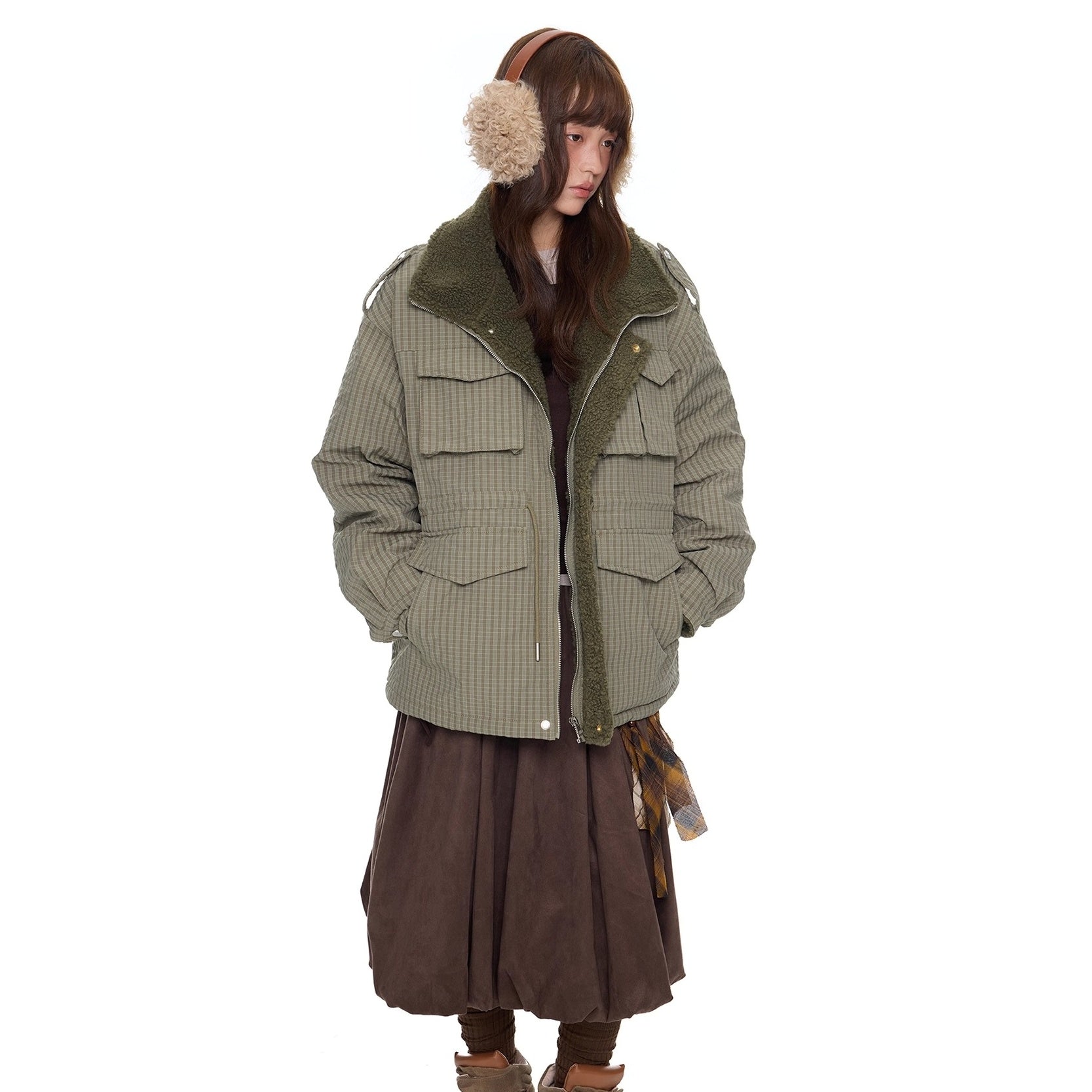 Fluffy Plaid Cargo Pocket Padded Jacket EZ284