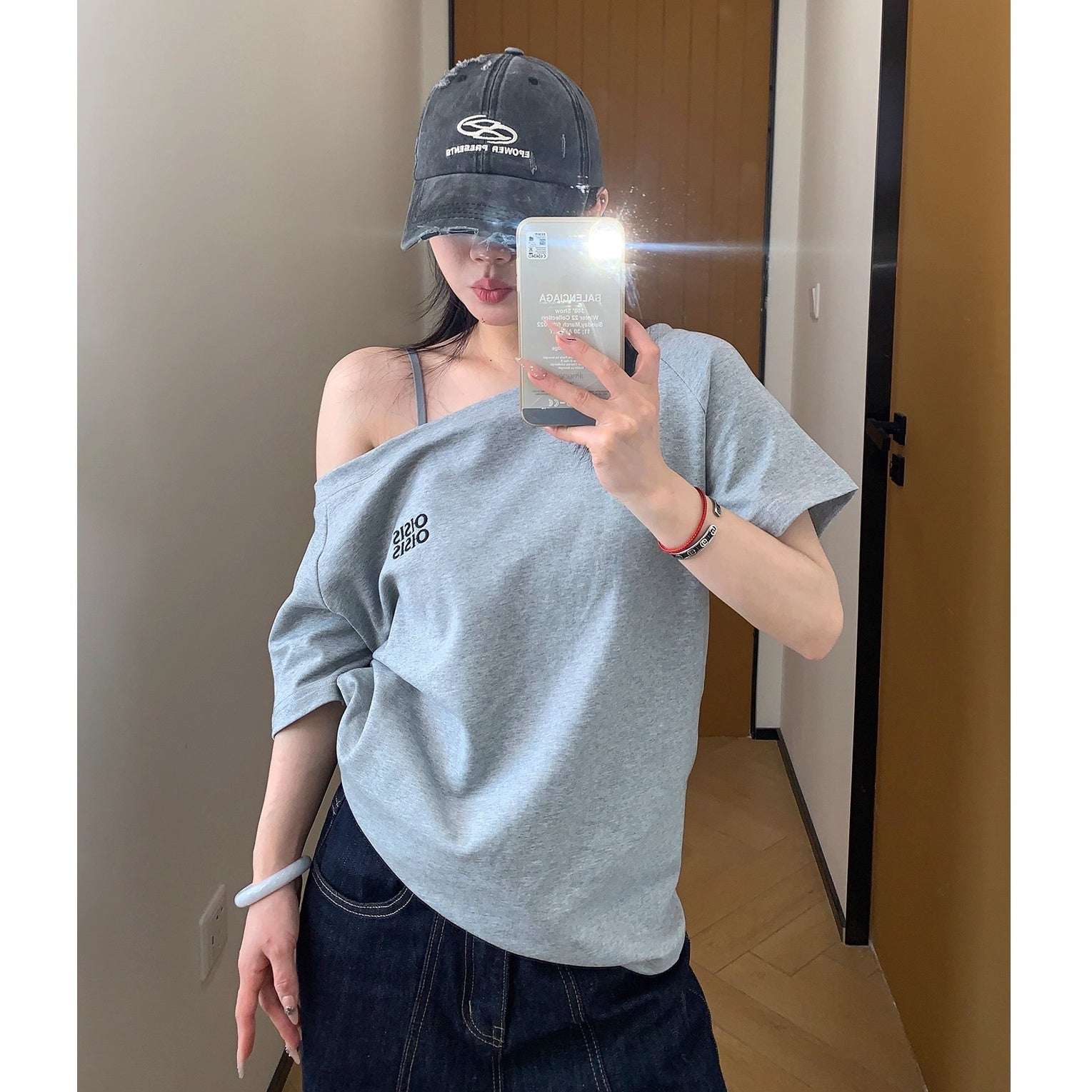 Cropped Slanted Shoulder Embroidered T-shirt OS2017