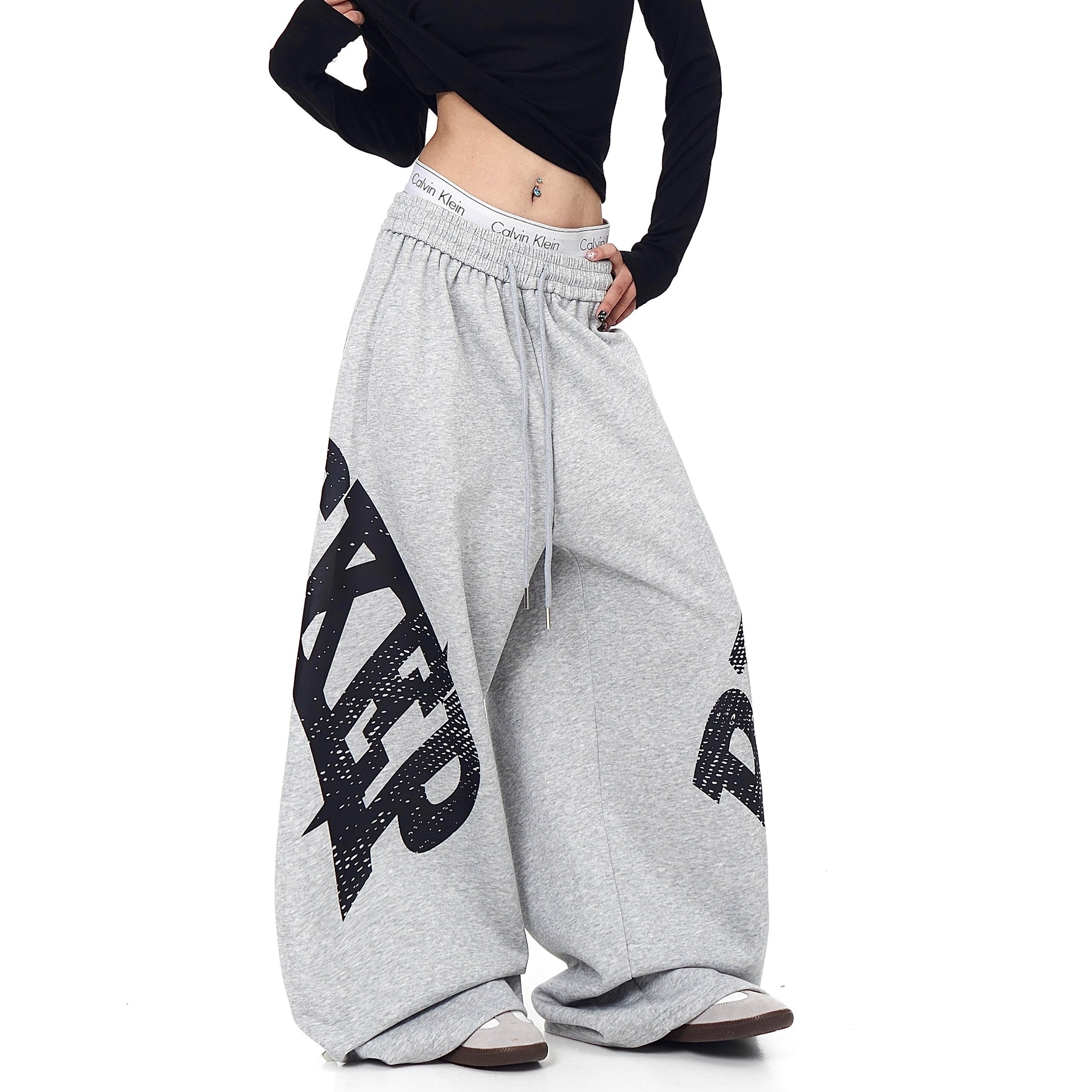 Letter Print Drawstring Scimitar Sweat Pants BK7042