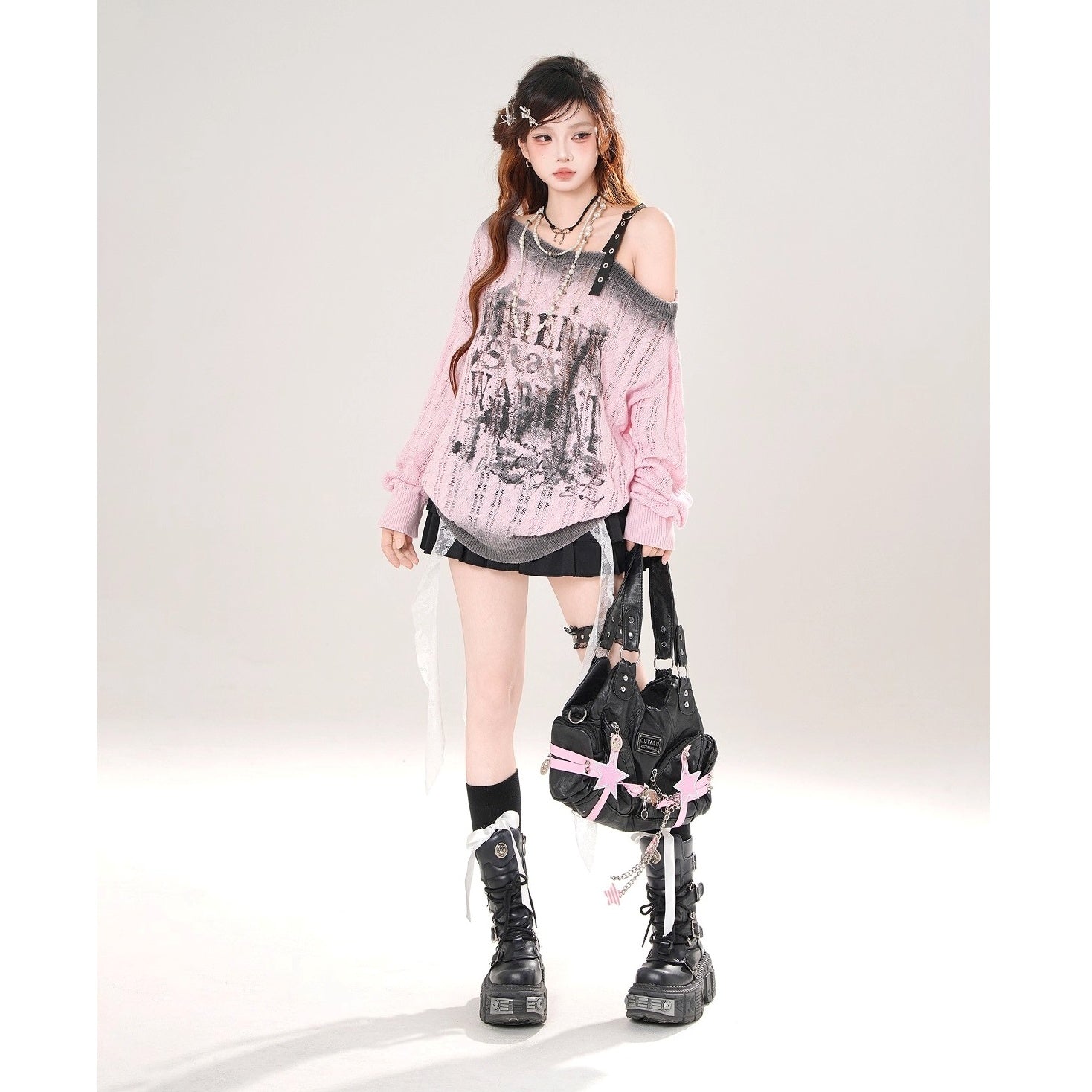 Slanted Shoulder Cut-out Sweater KK2077
