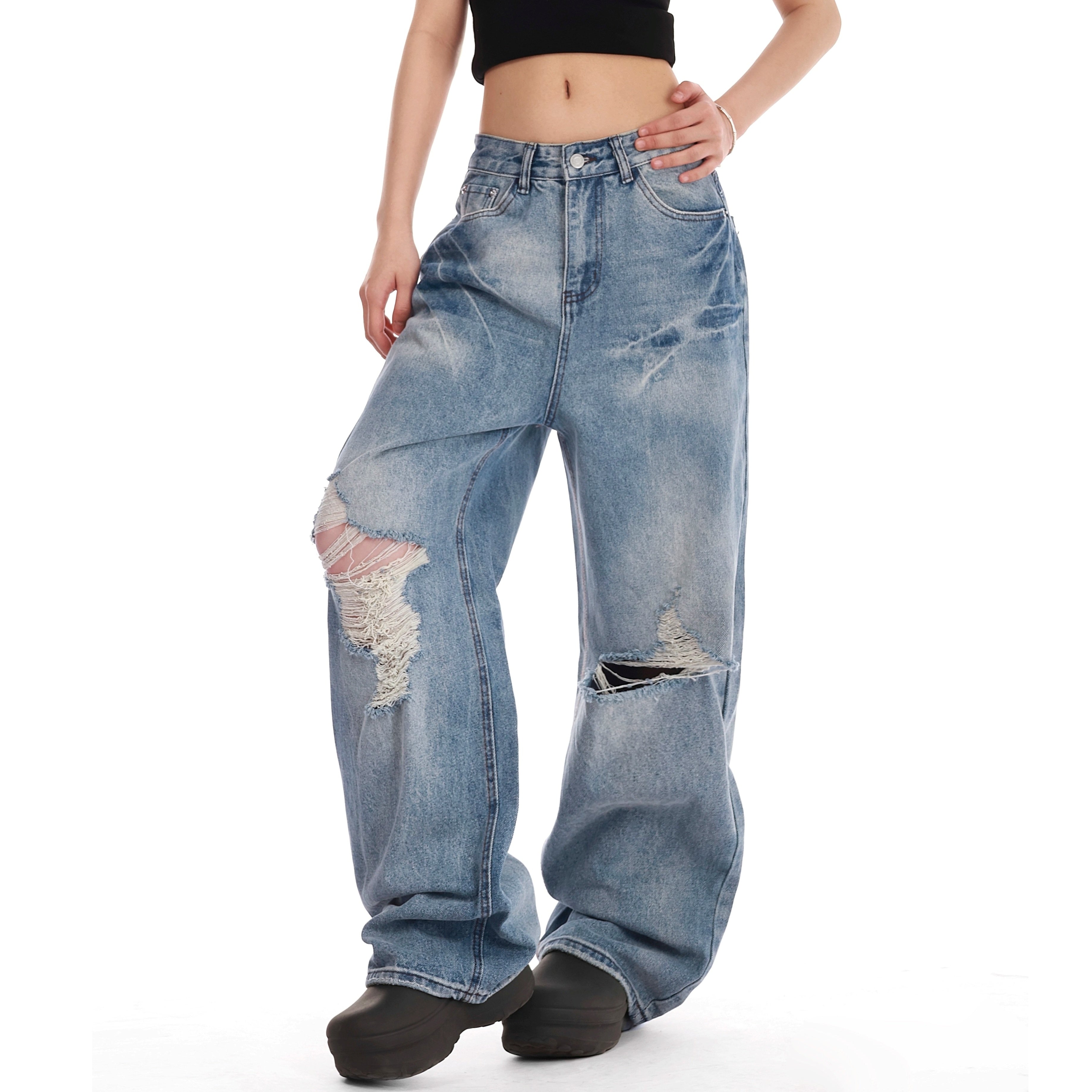 Retro Washed Embroidered Ripped Wide Jeans VI2007