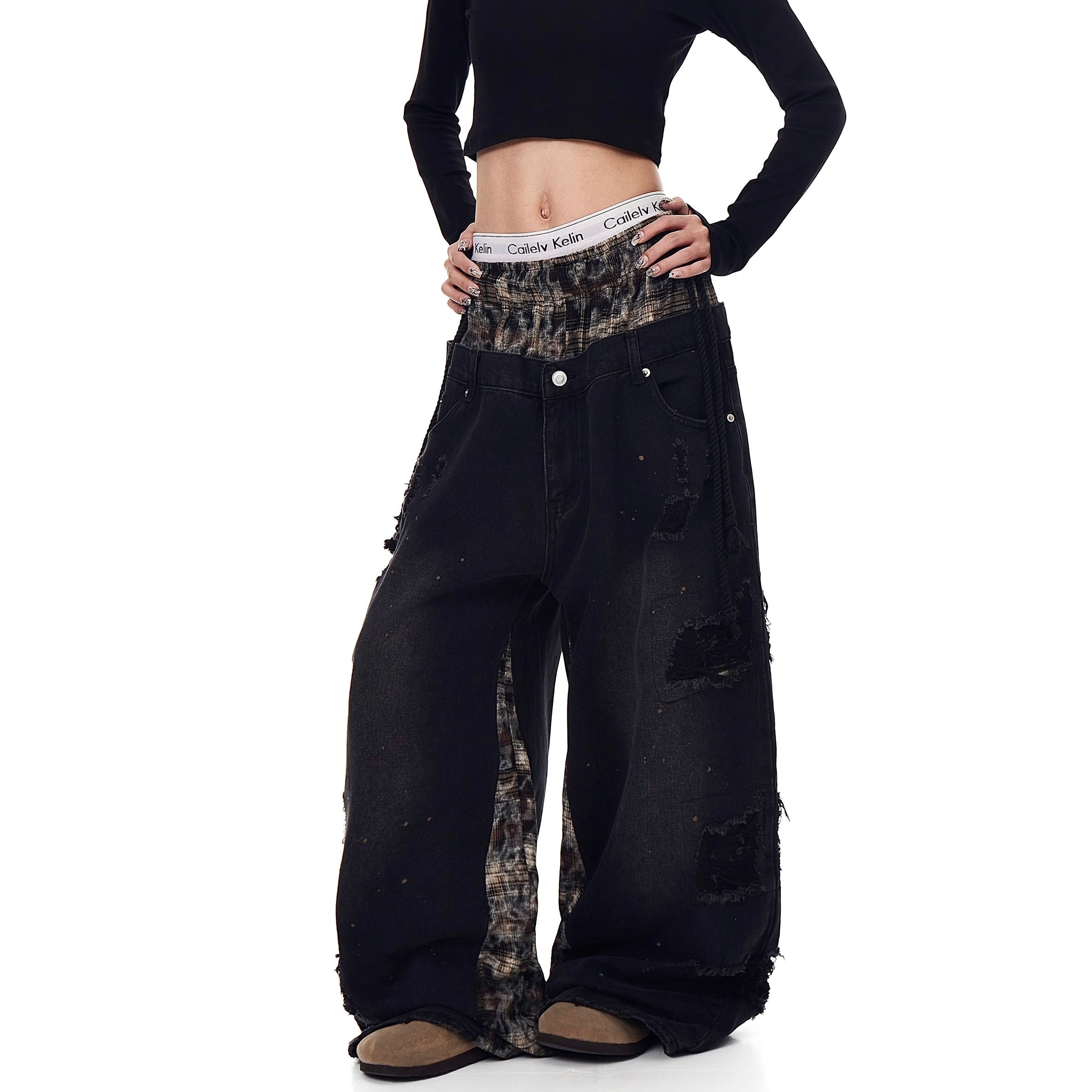 Double Waist Splicing Ripped Curve Jeans MW10273