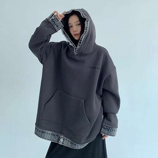 Contrasting Splicing Denim Hooded Sweat OS2056