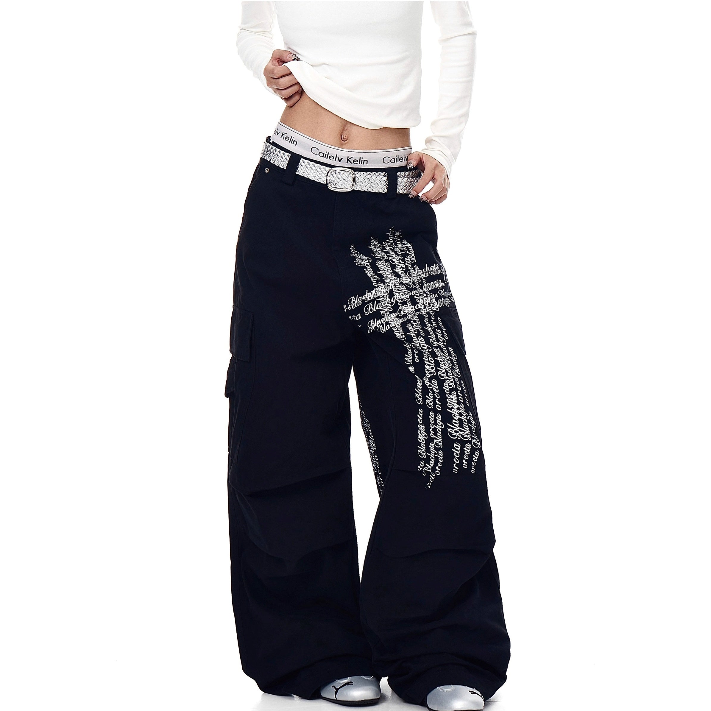 Washed Pleated Letter Print Cargo Pants BK7013