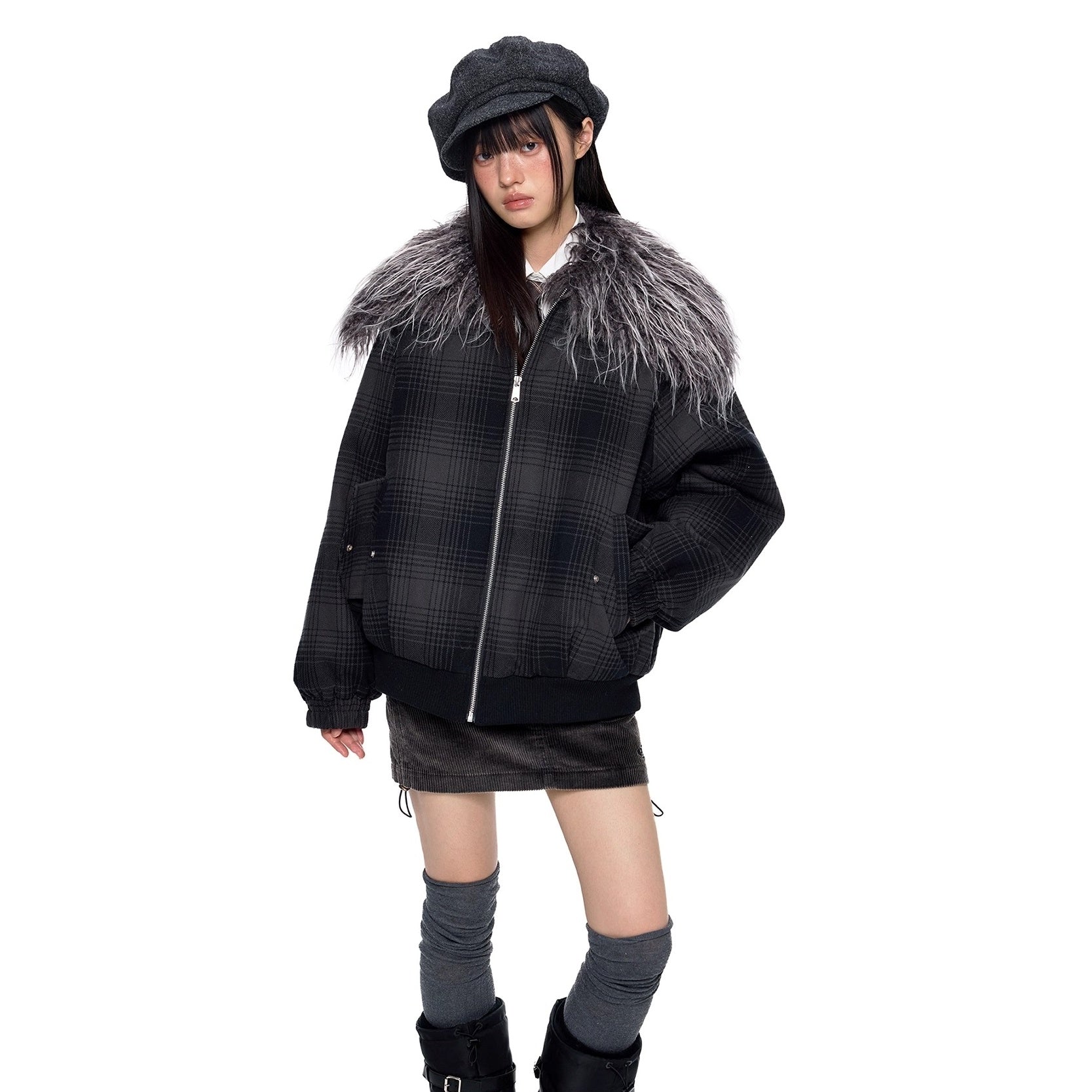 Fur Collar Shawl Plaid Jacket EZ249