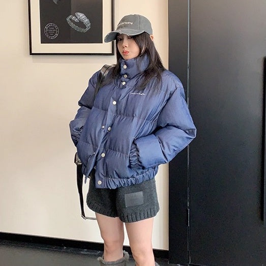 Denim Fabric Cropped Puffer Jacket OS2062
