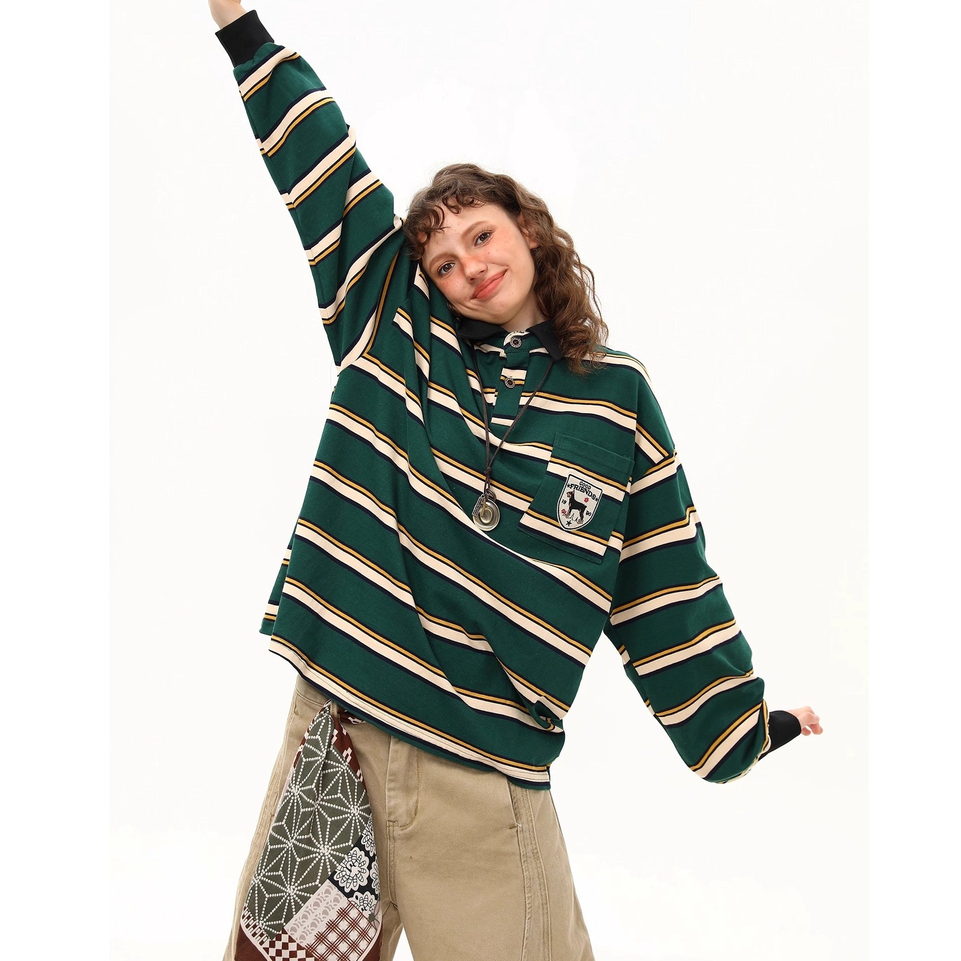 Preppy Style Border Long Sleeve Polo Shirt MW10251