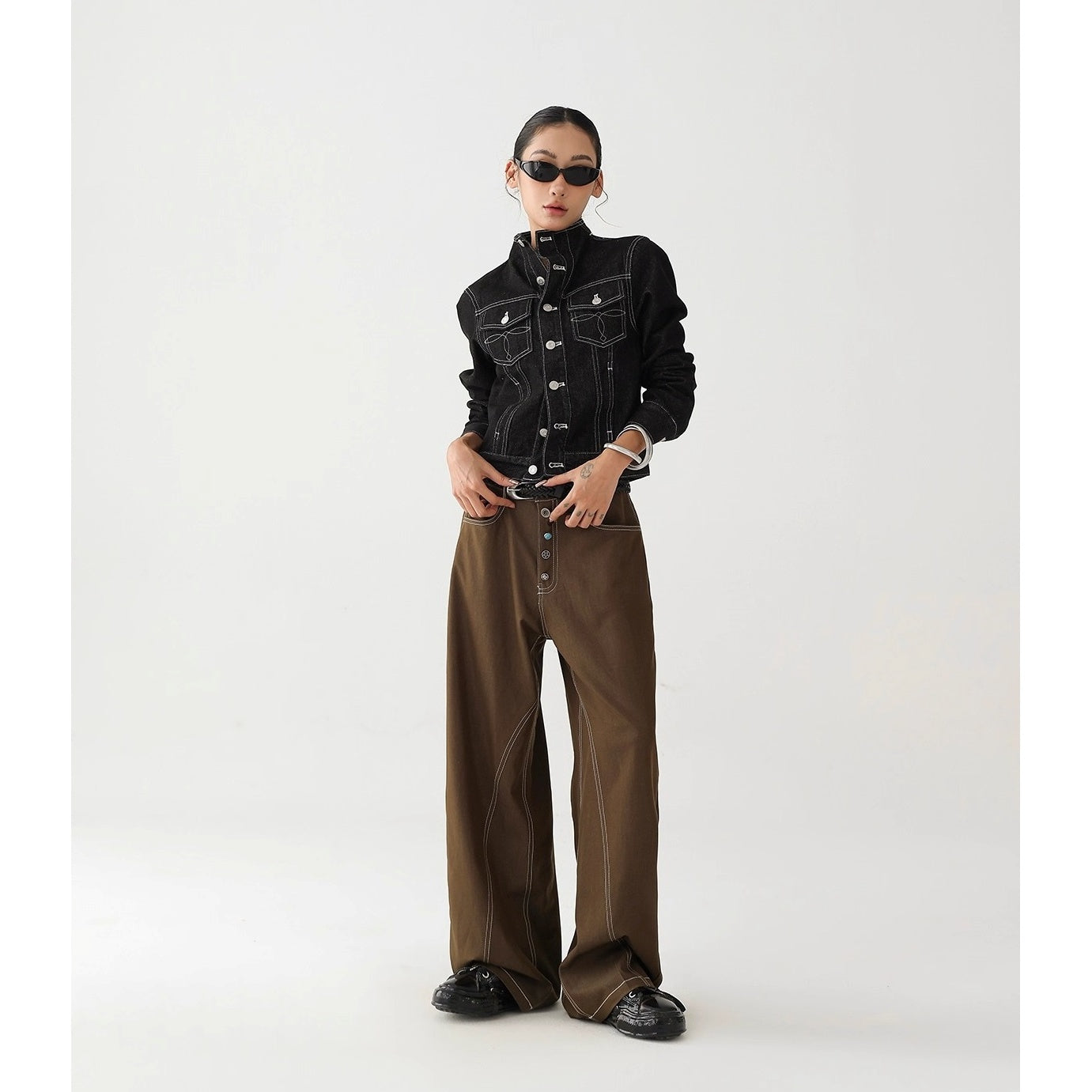 Button  Wide-leg Stitch Pants AC7130