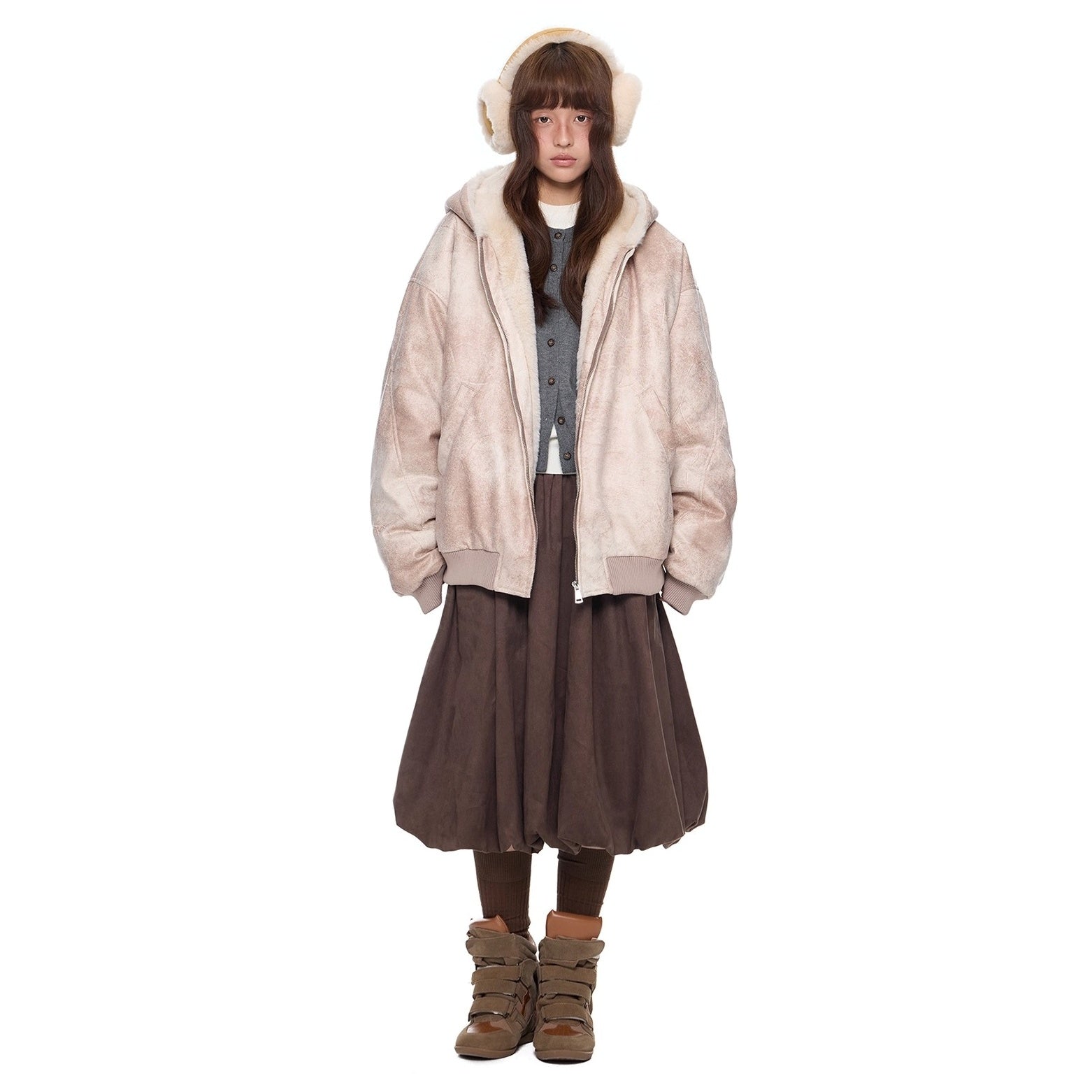 Furry Hooded PU Leather Loose Jacket EZ288