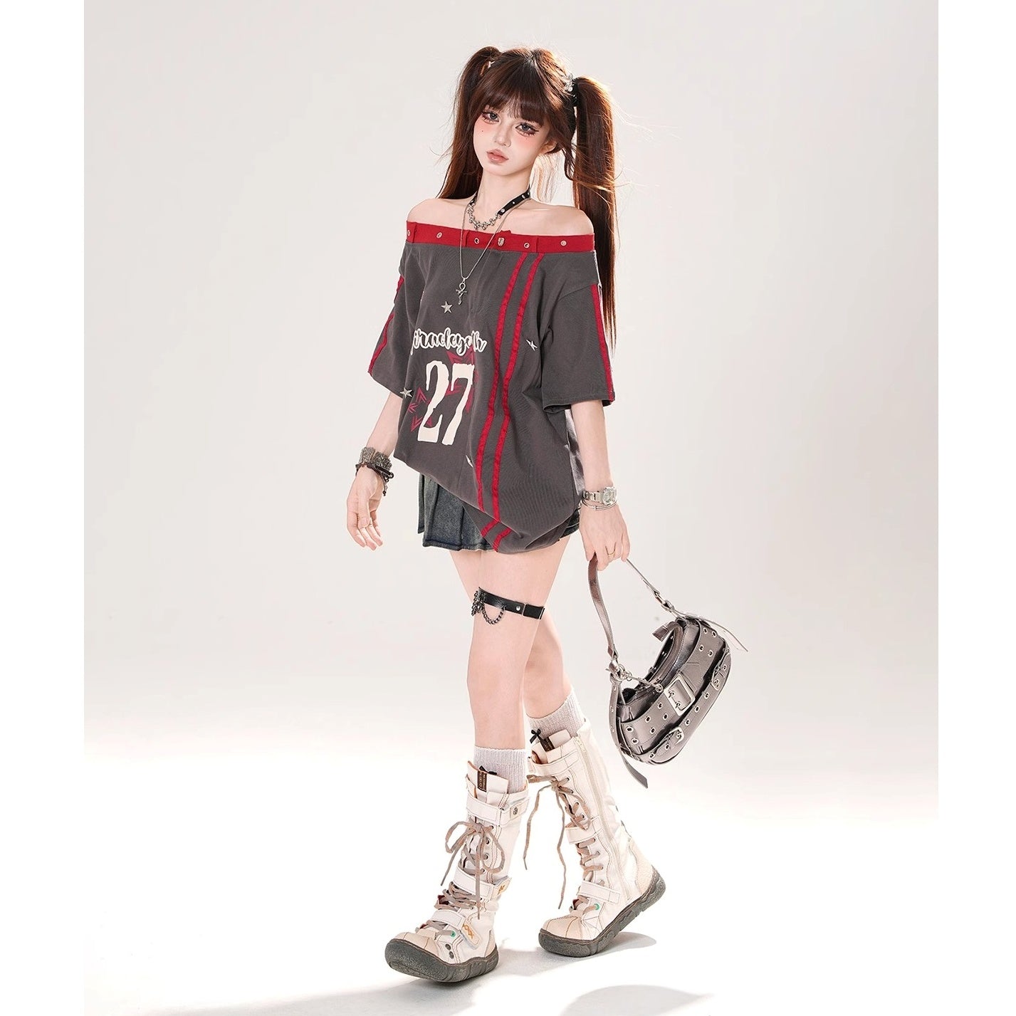 Off-Shoulder American Print T-Shirt KK2069