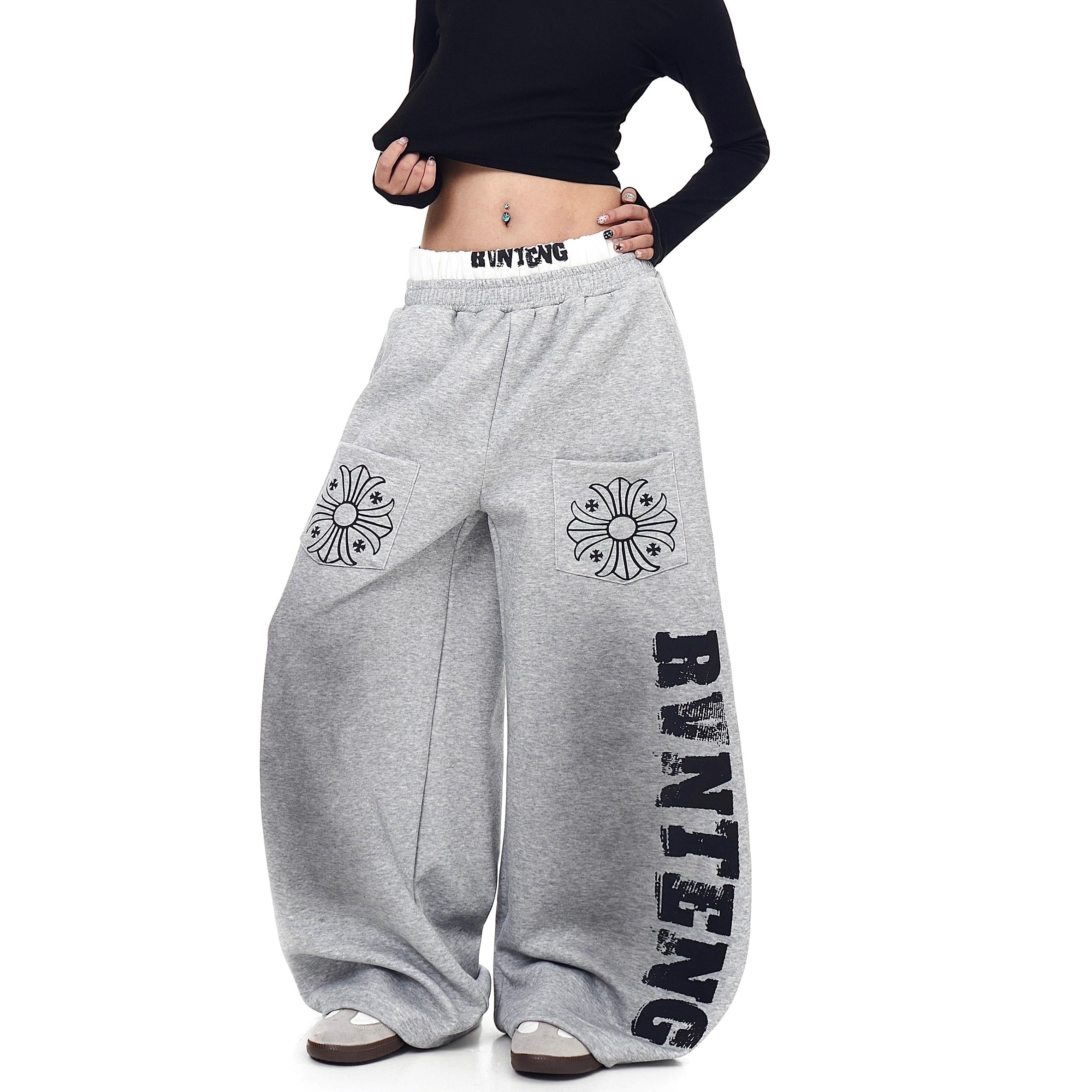 Double-Waist Letter Print Sweat Curve Pants BK7056
