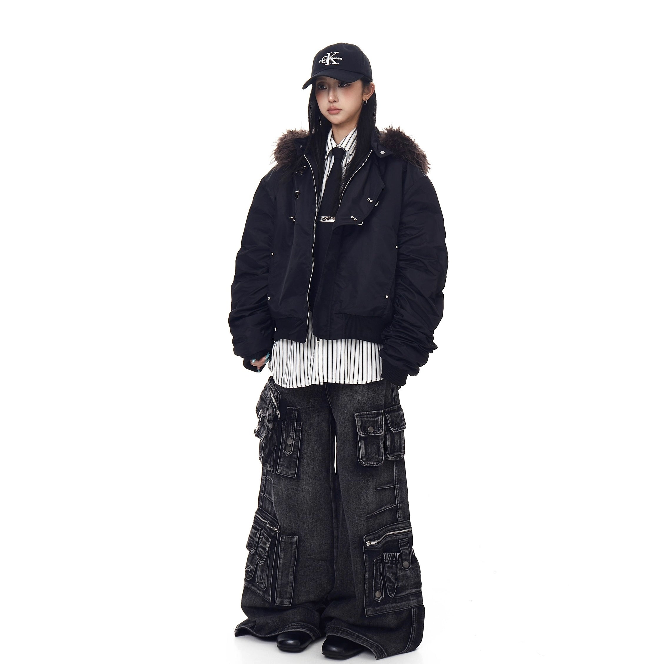 Fur Collar Airplane Buckle Hooded Jacket MW10305