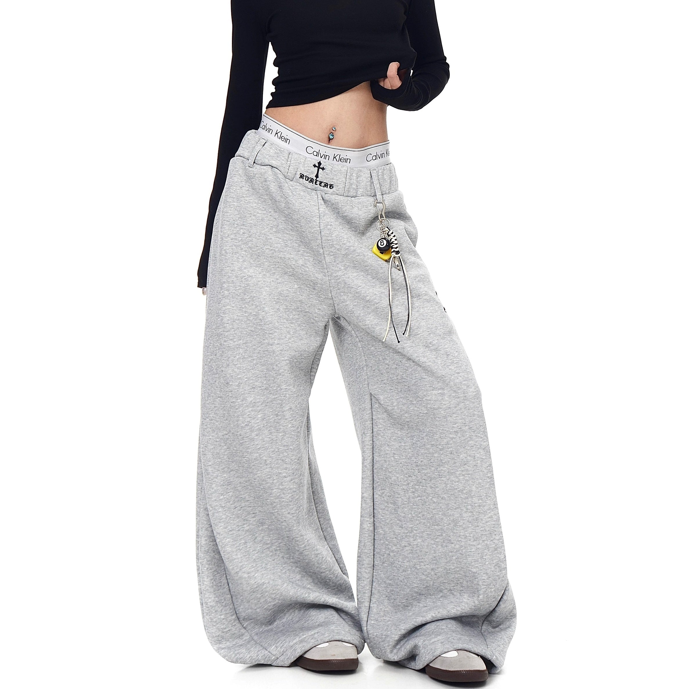Cross Embroidery Loose Sweat Curve Pants BK7055