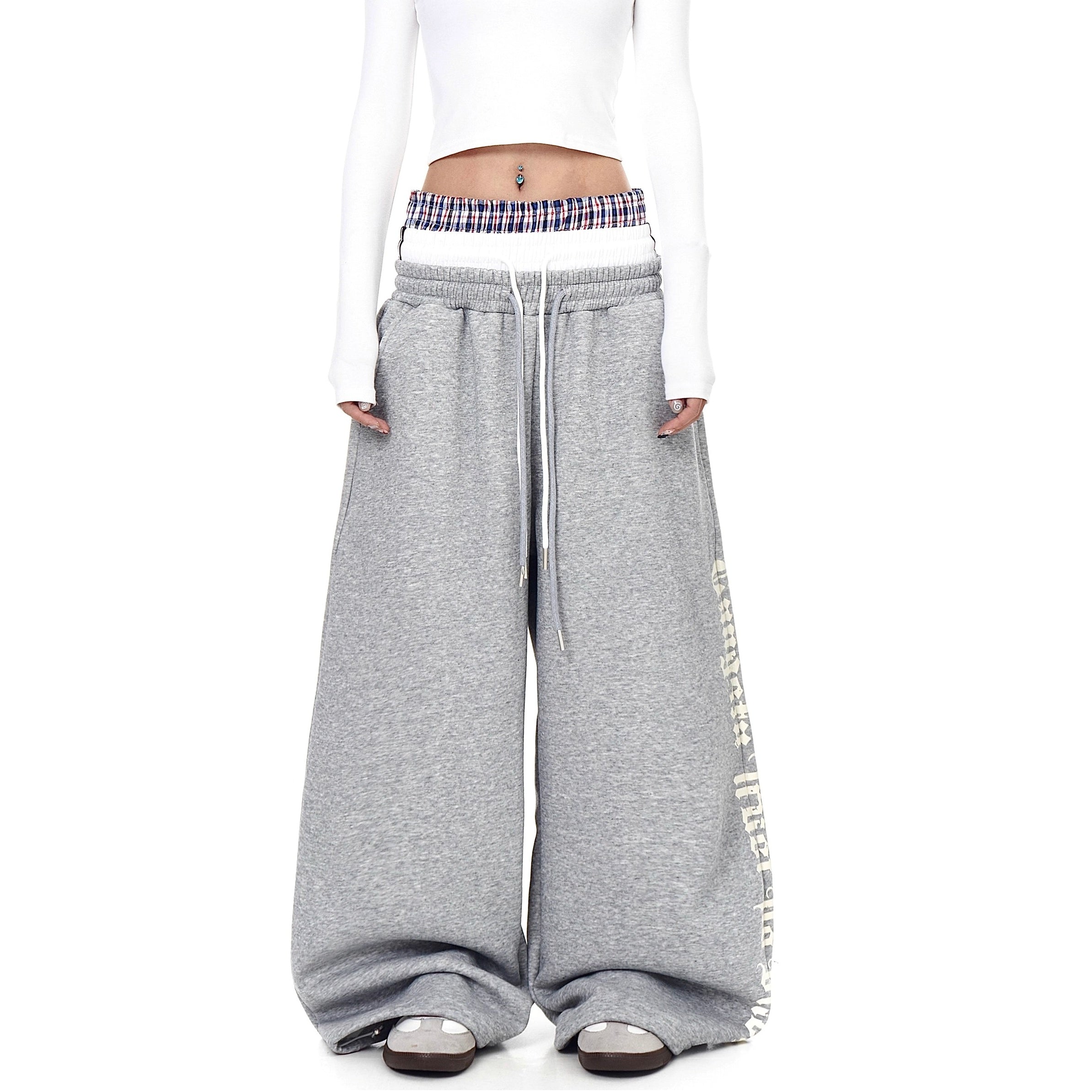 Triple-waist Patchwork Letter Drawstring Sweat Pants BK7063
