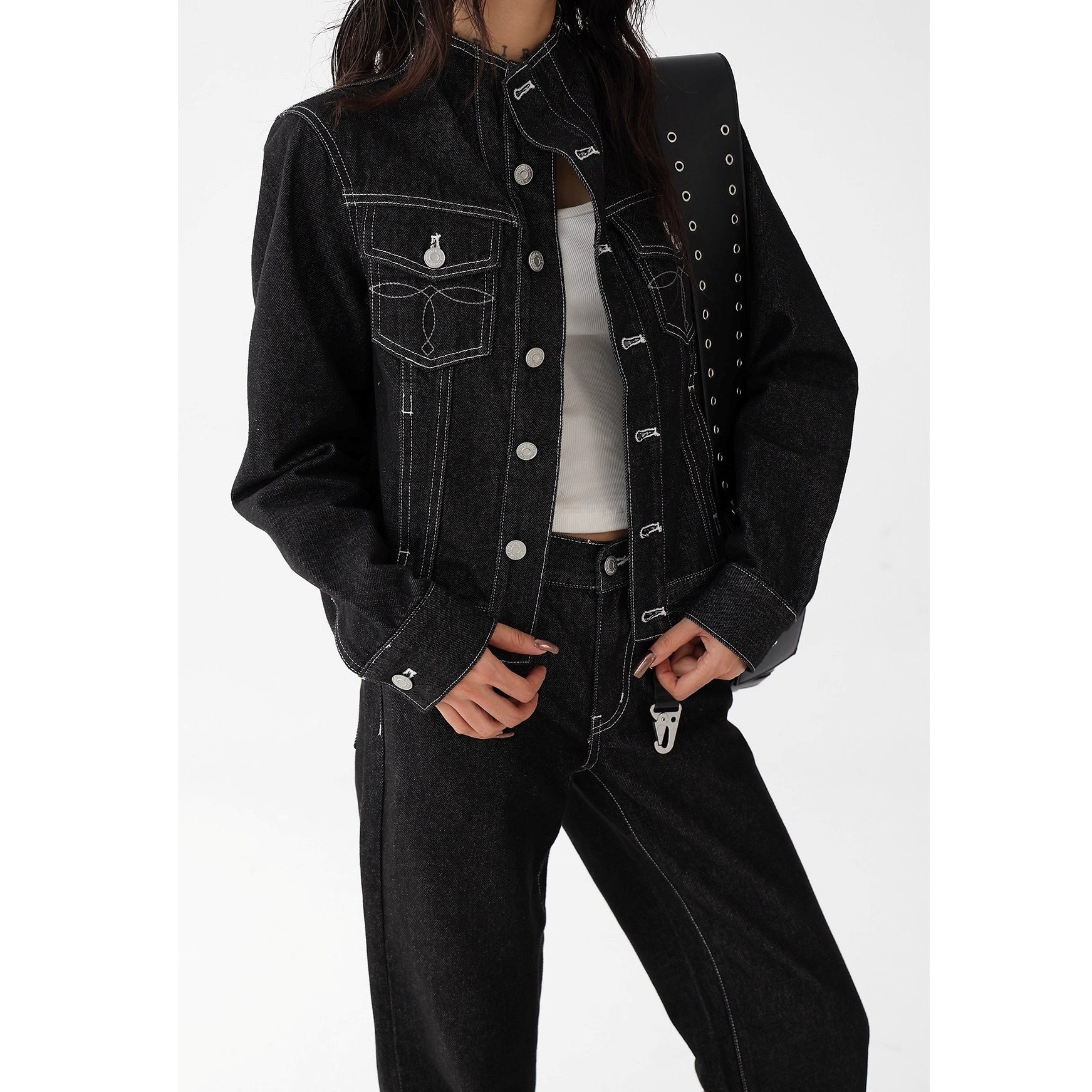 【上下別売り】Mock Neck Short Denim Jacket & Straight Jeans Set-up AC7141
