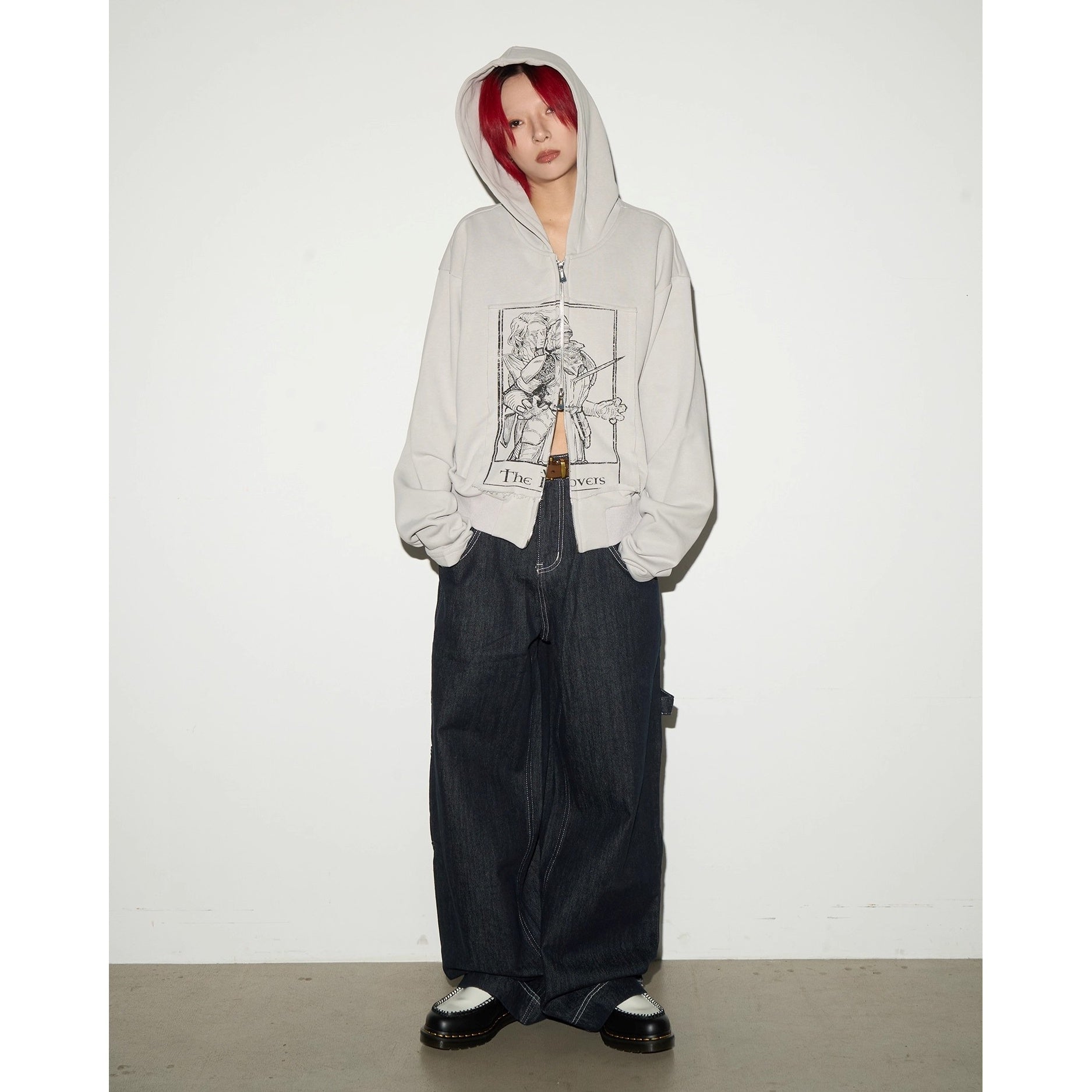 Monotone Print Double Zip Shorts Hooded Sweat MN9027