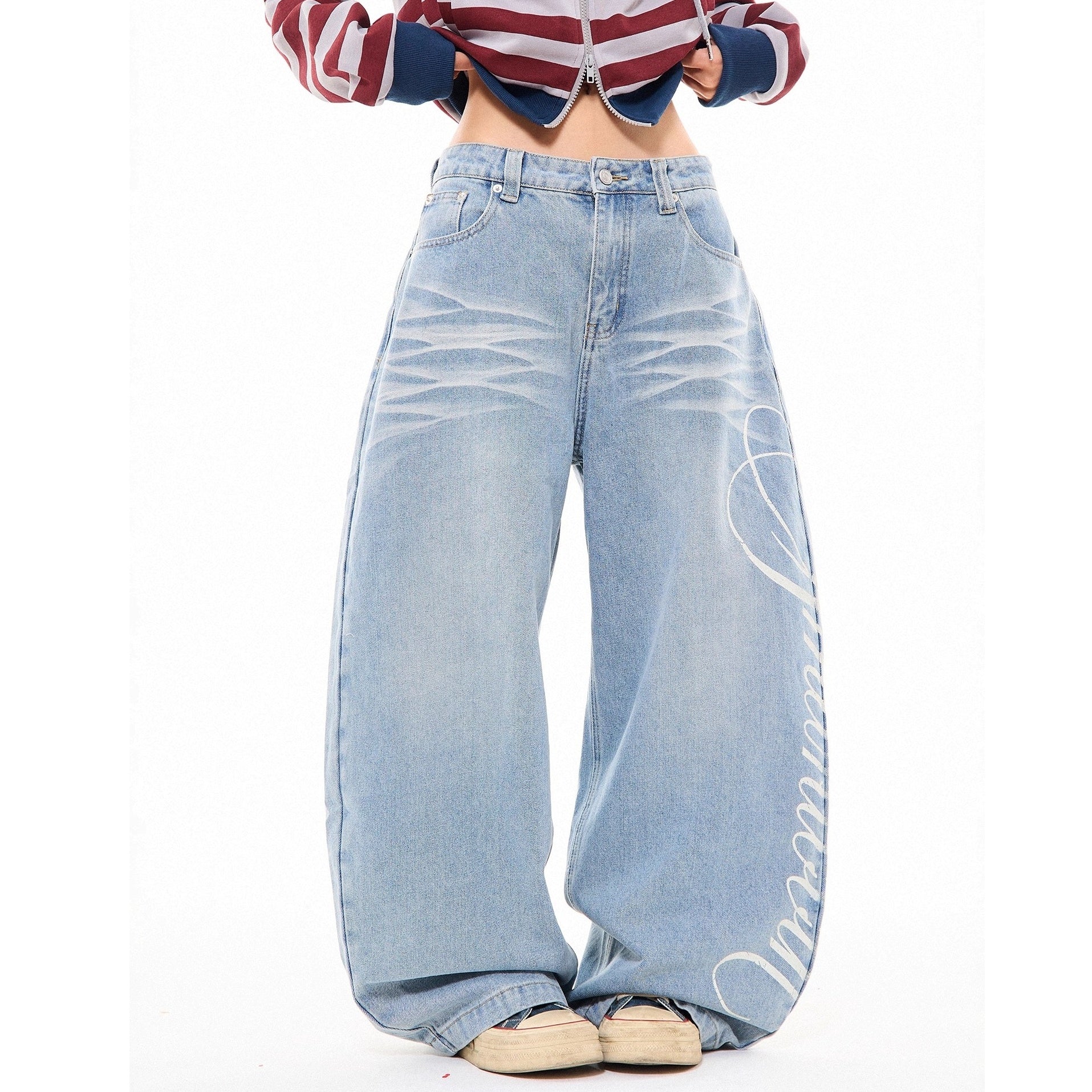 Side Print Washed Cat Whiskers Curve Jeans MW10259