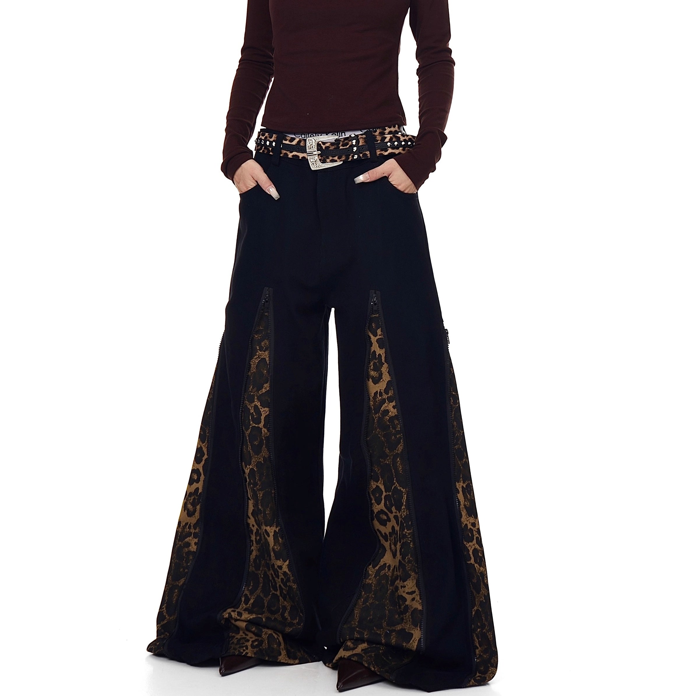 Zipper Stitch Leopard Patchwork Flare Jeans BK7019