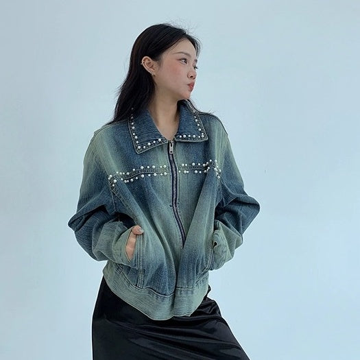 Pearl Bead Short Denim Jacket OS2030