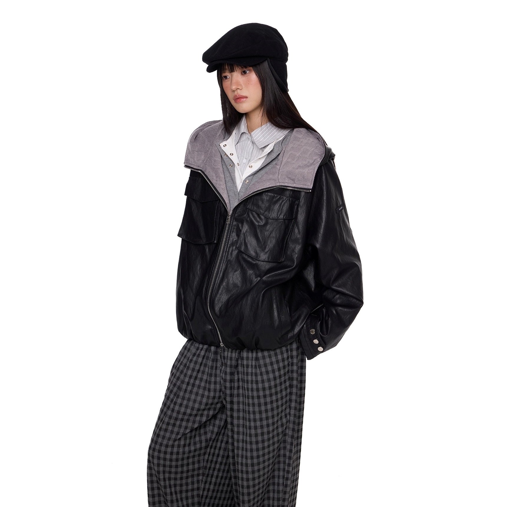 Zipper Split Hood PU Leather Jacket EZ261