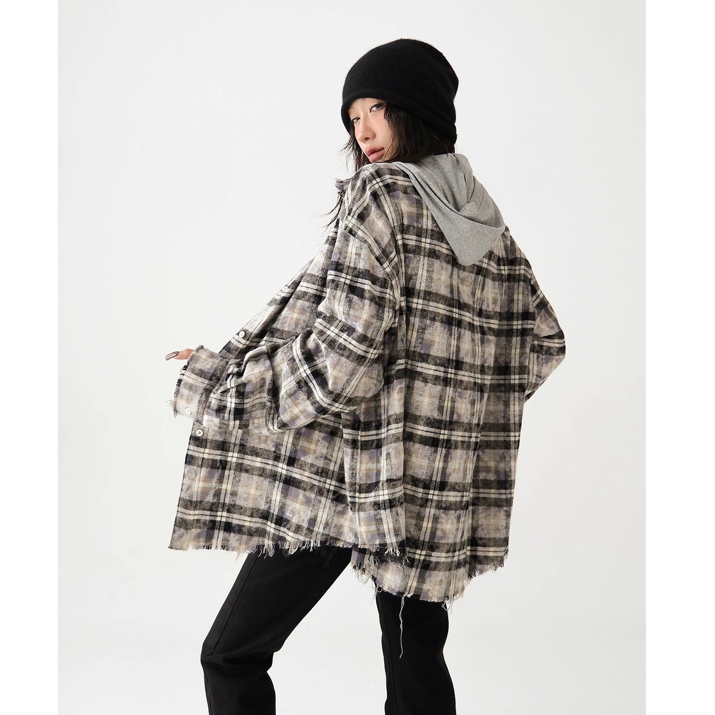 Plaid Frayed Brushed Loose Fringe Shirt AC7151