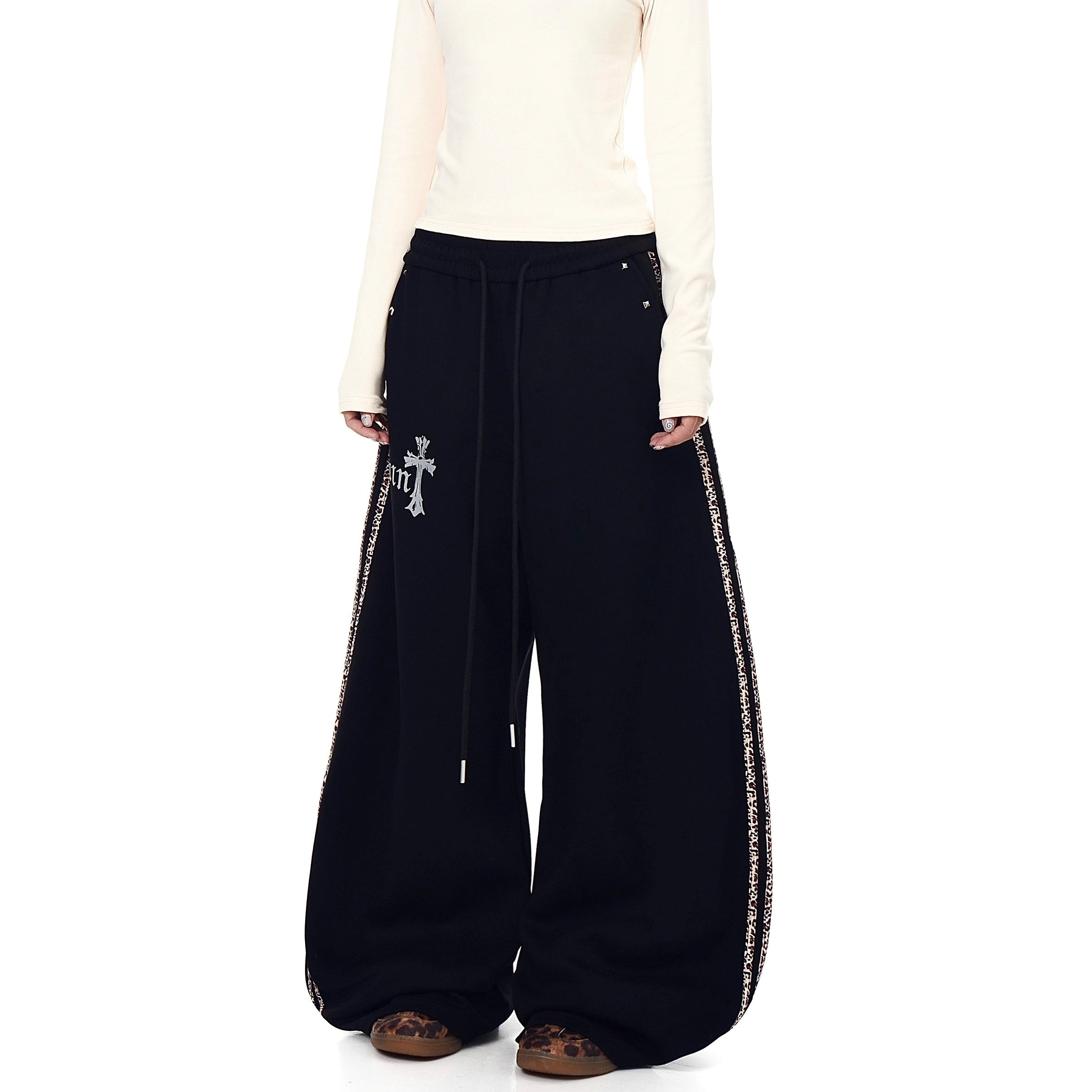 Leopard Print Spliced Rivet Curve Sweat Pants BK7058