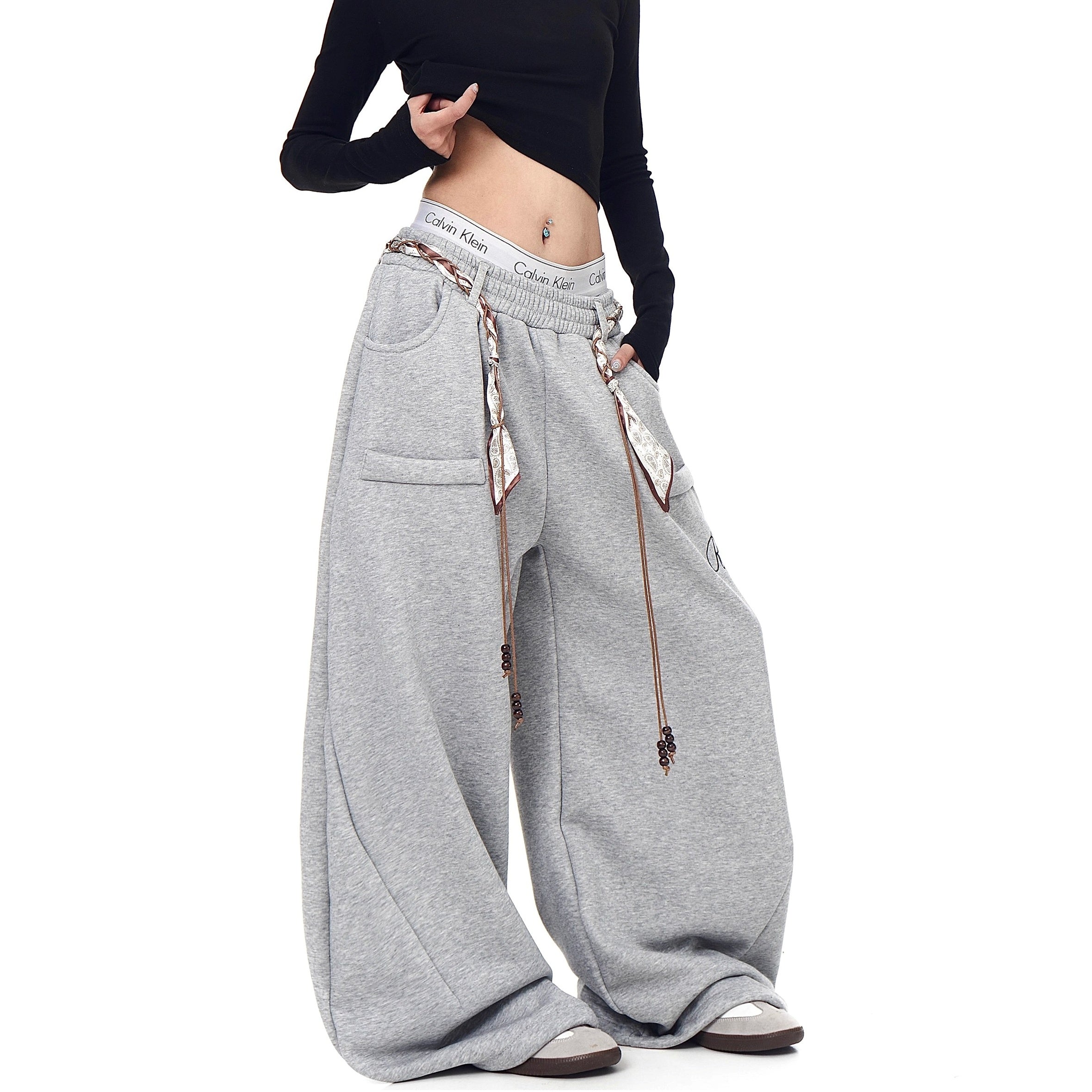 Waist Scarf Cord Design Curve Sweat Pants BK7057