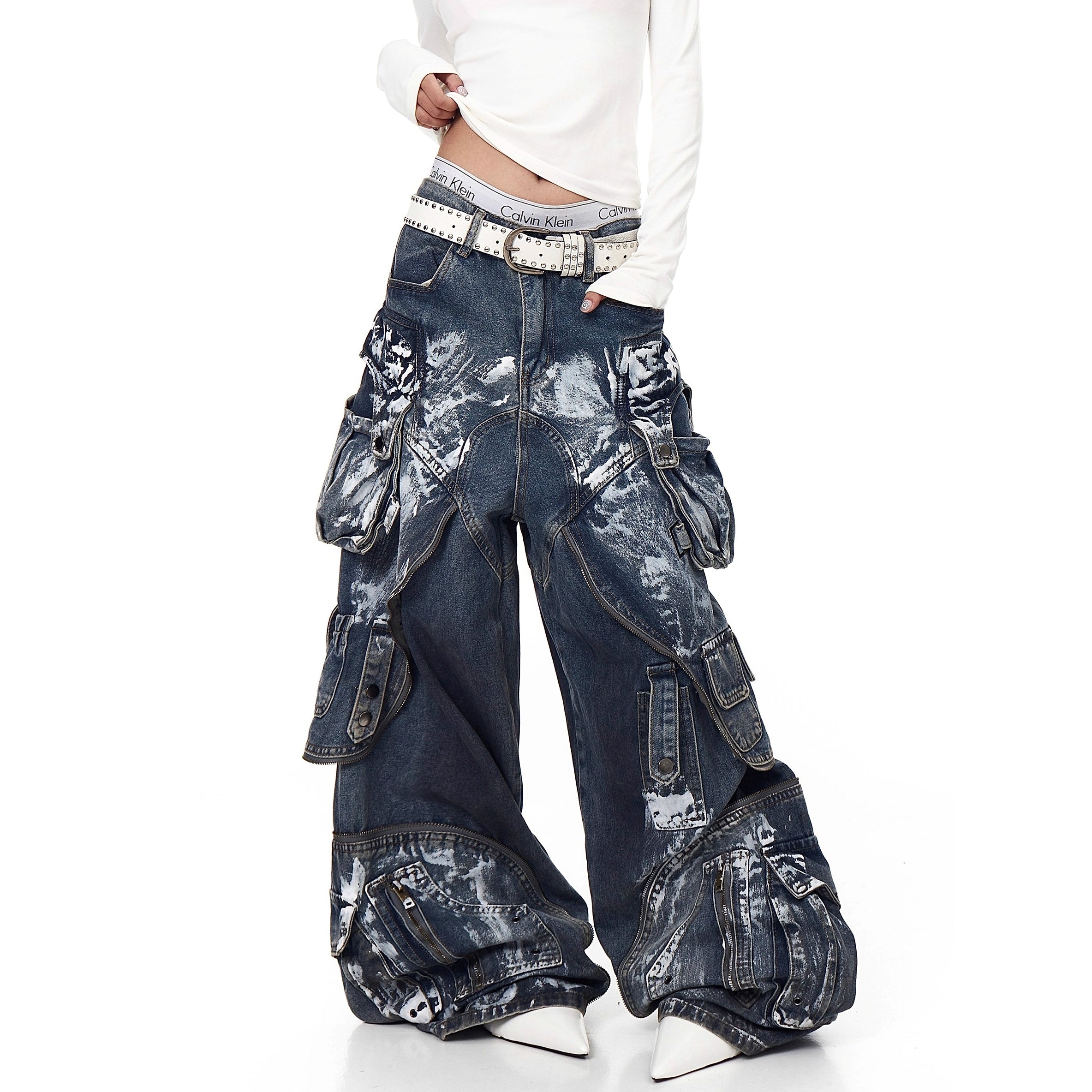 Dirty Worn Zipper Splicing Cargo Jeans BK7043