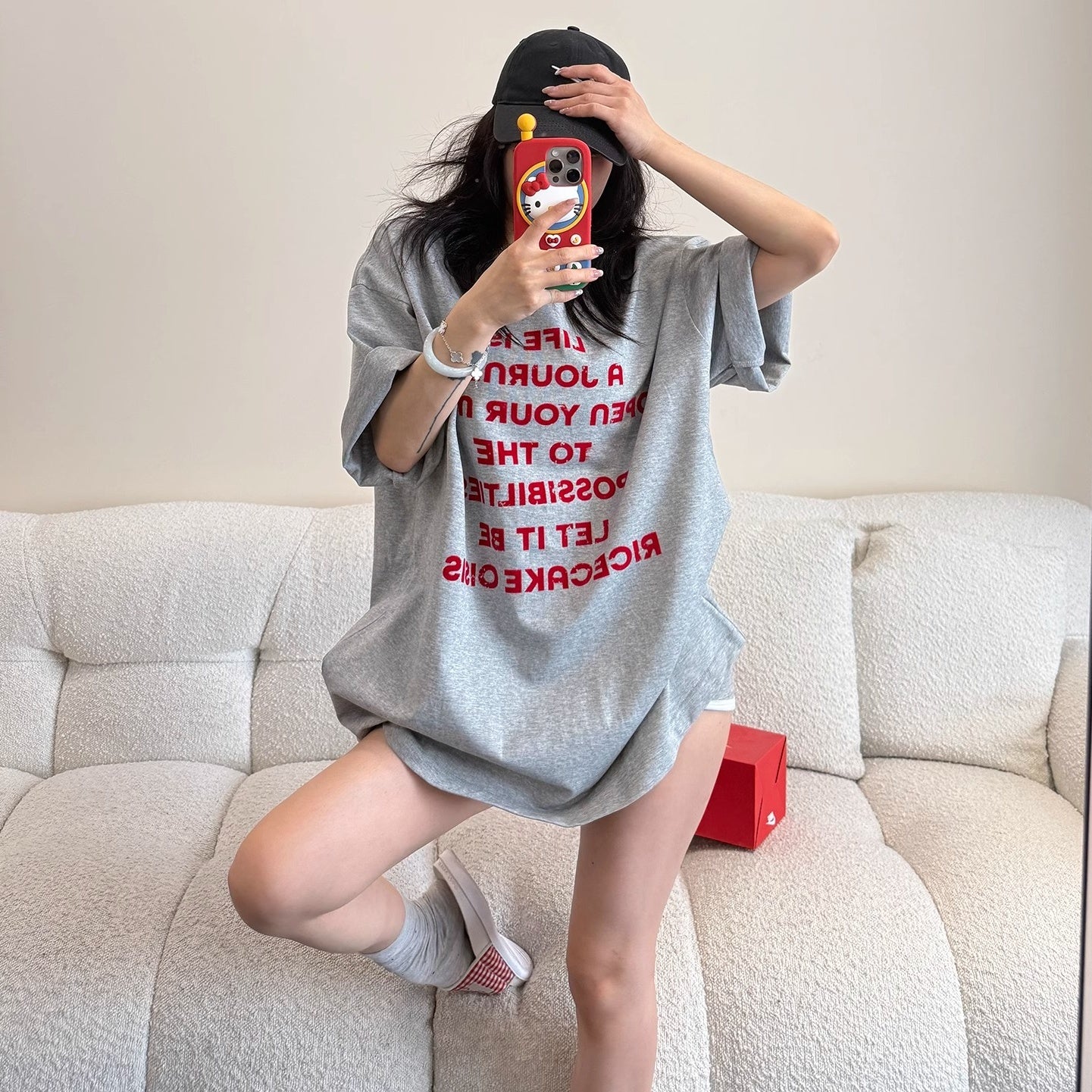 Flocking Red Letter Print T-Shirt MW10174