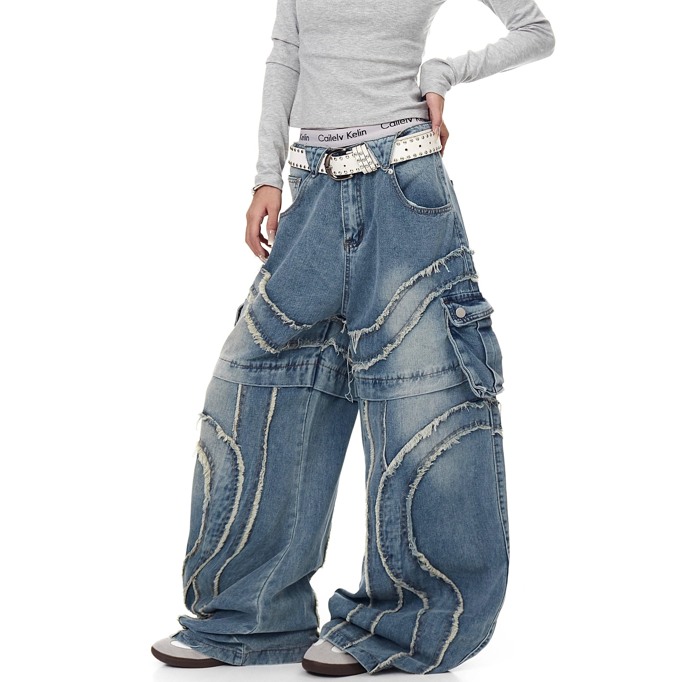 Raw Edge Stitching Cargo Jeans BK7022