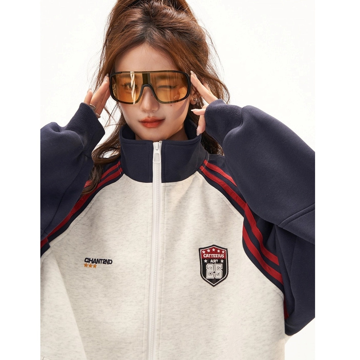 Stand-Collar Raglan Color-blocked Sweat Jacket CA7010