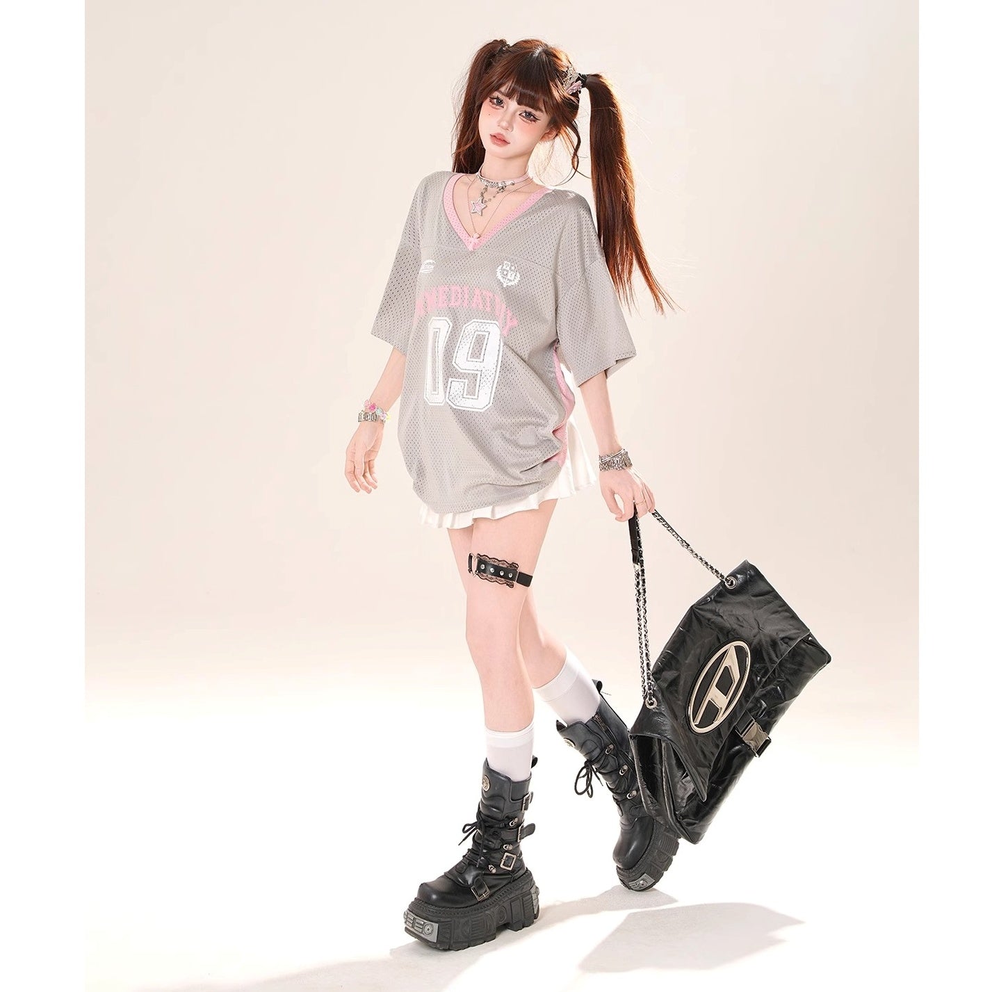 Drop-shoulder V-Neck Mesh T-Shirt KK2070