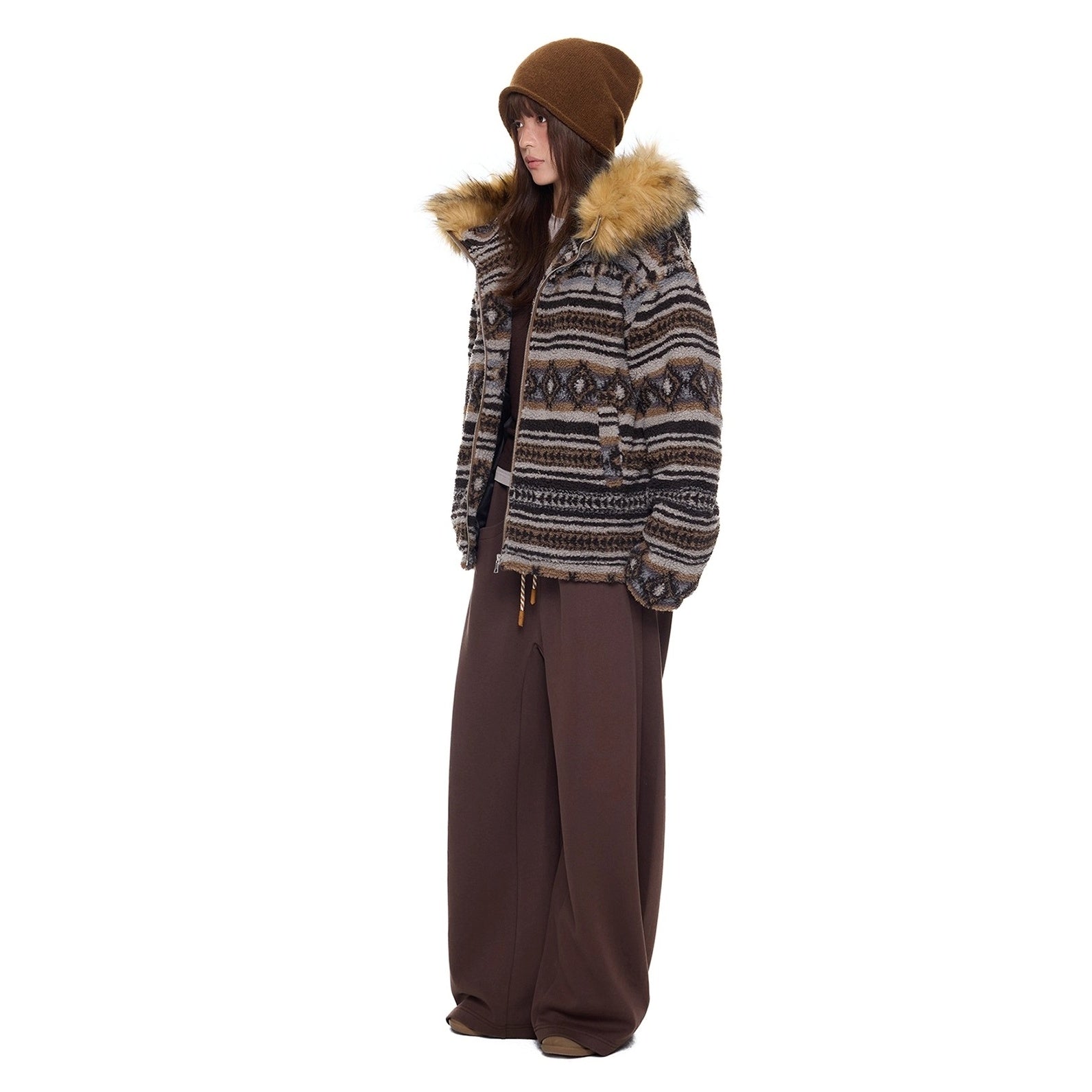 Ethnic Pattern Fur Collar Hooded Jacket EZ280