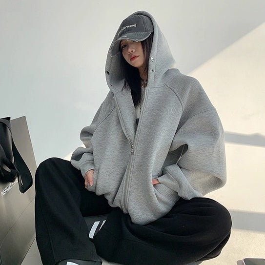 Switching Design Loose Zip Hooded Jacket OS2031
