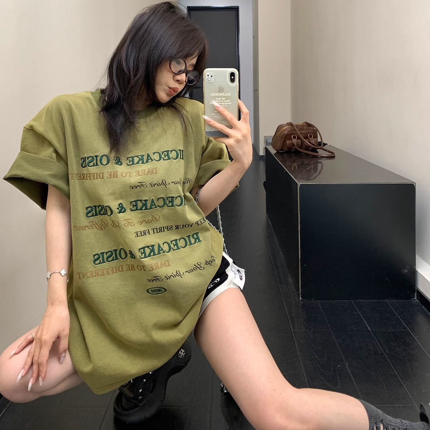 Old Letter Embroidery Loose Washed T-shirt OS2010