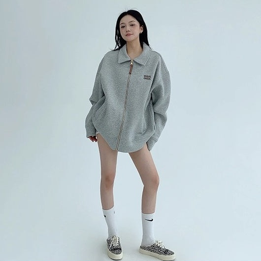 Drop Shoulder Embroidered Lapel Sweat Jacket OS2040