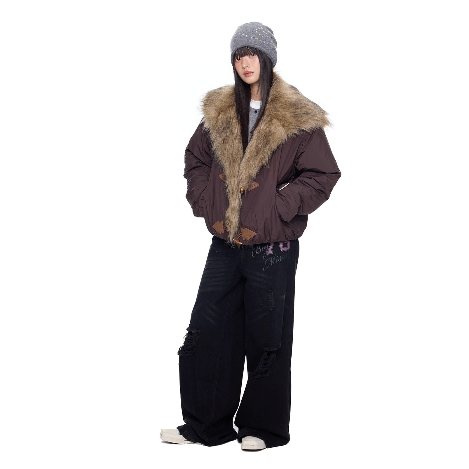 Fluffy Large Lapel Horn Buckle Cropped Jacket EZ289