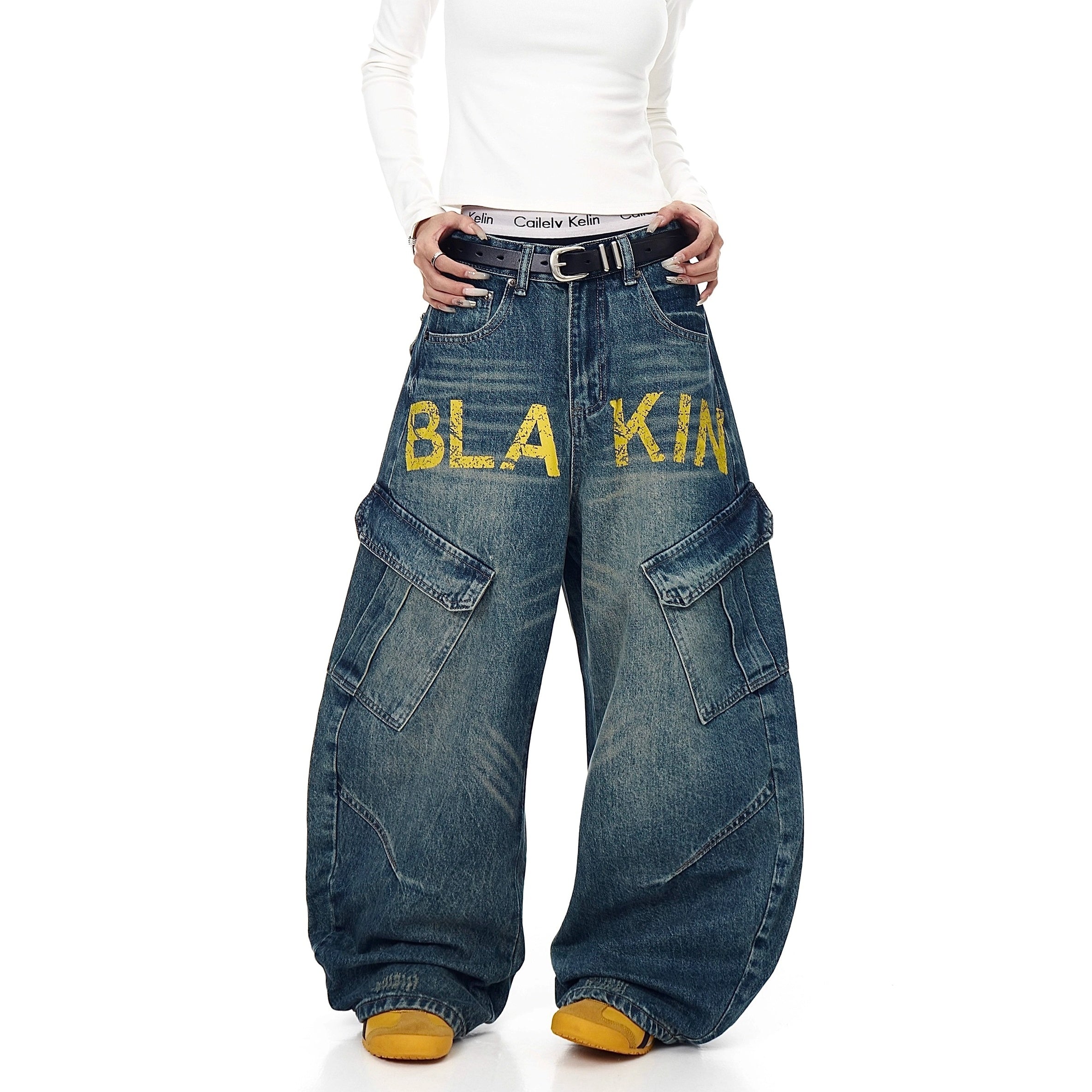 Monogram Print Vintage Scimitar Cargo Jeans BK7034