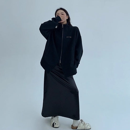 Double Zipper Stand Collar Loose Jacket OS2041