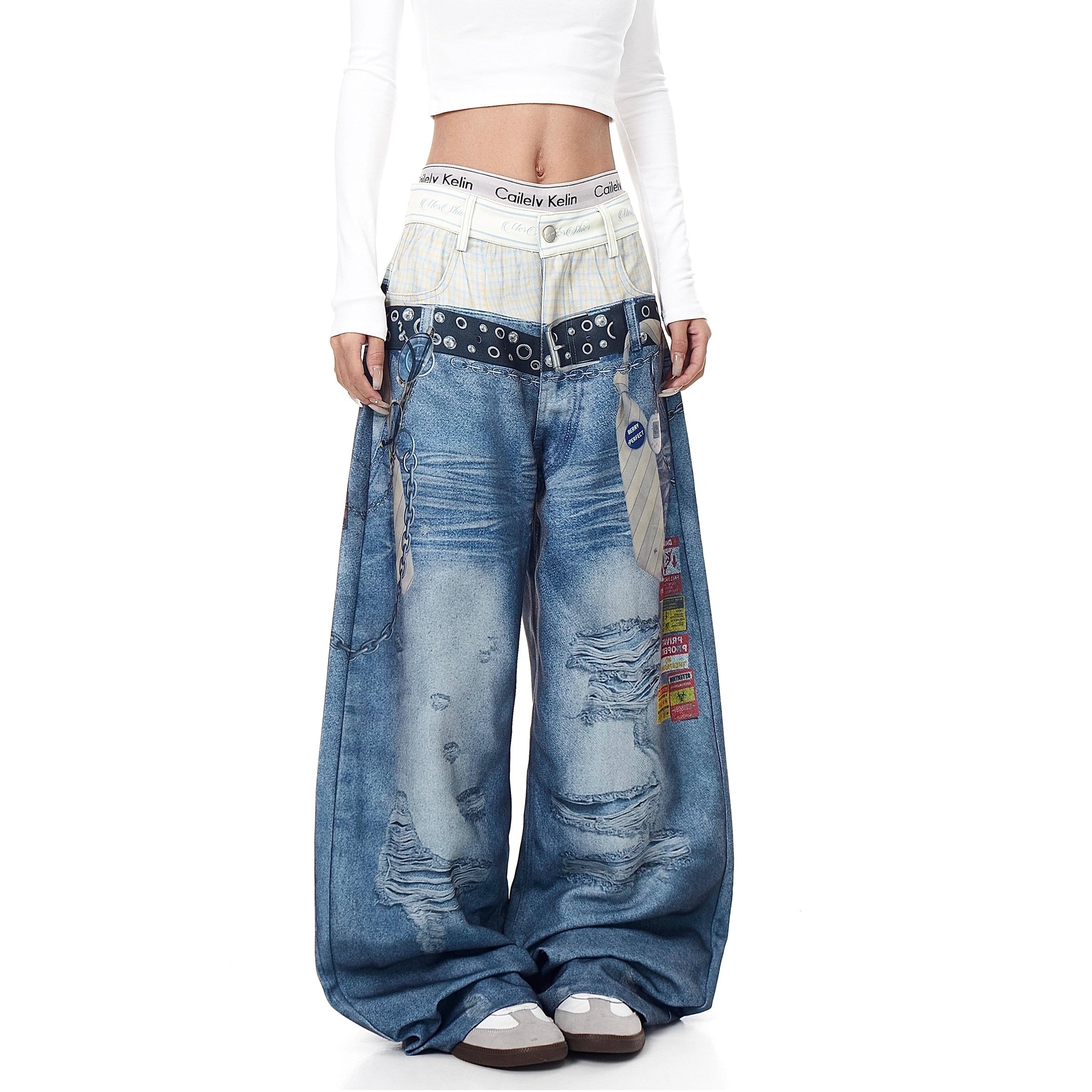 3D Belt Chain Print Double-Waist Jeans BK7020