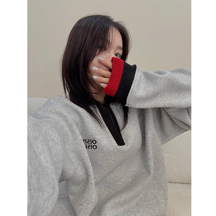 Contrast Polo Collar Loose Sweat OS2045