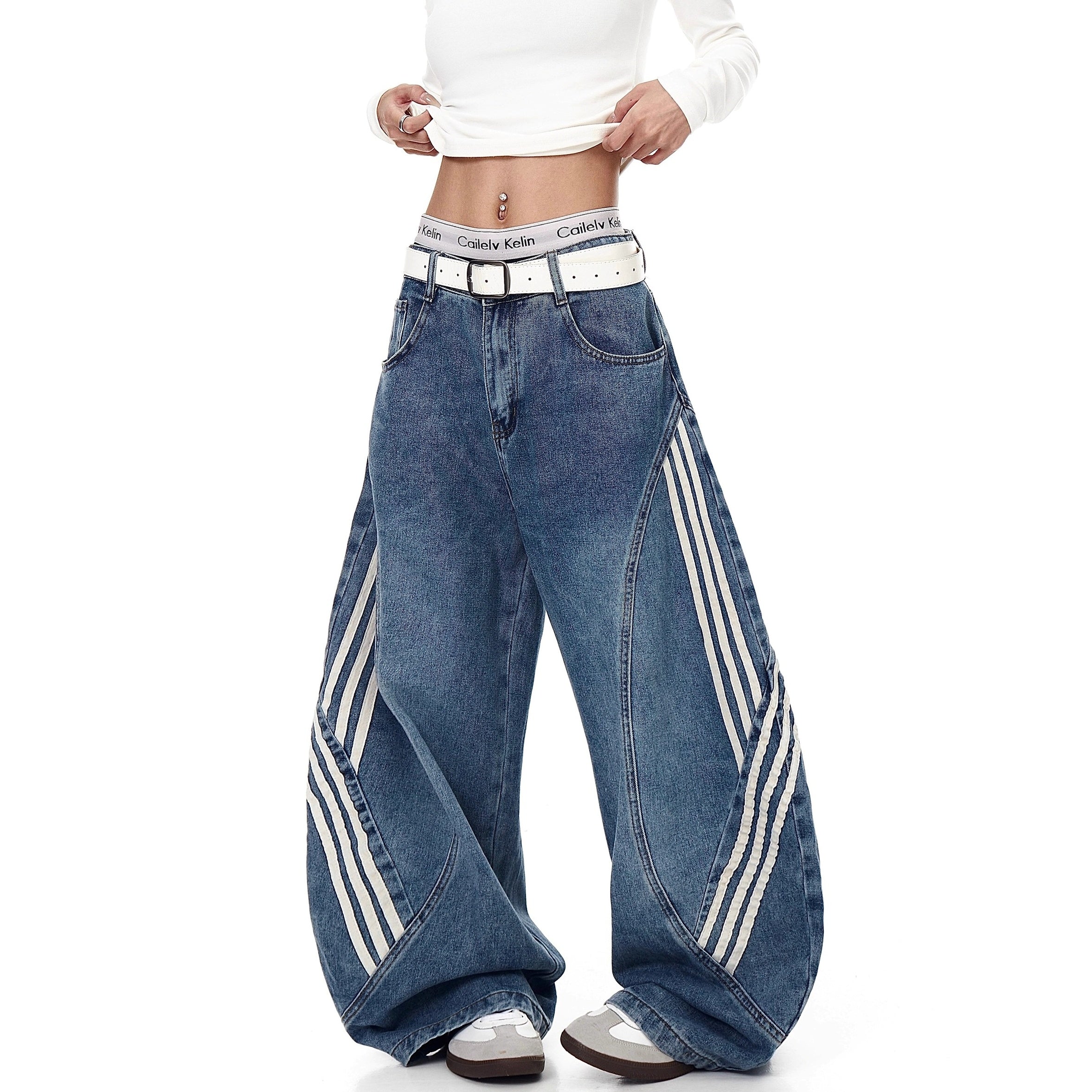 Striped Patchwork Washed Scimitar Jeans BK7031