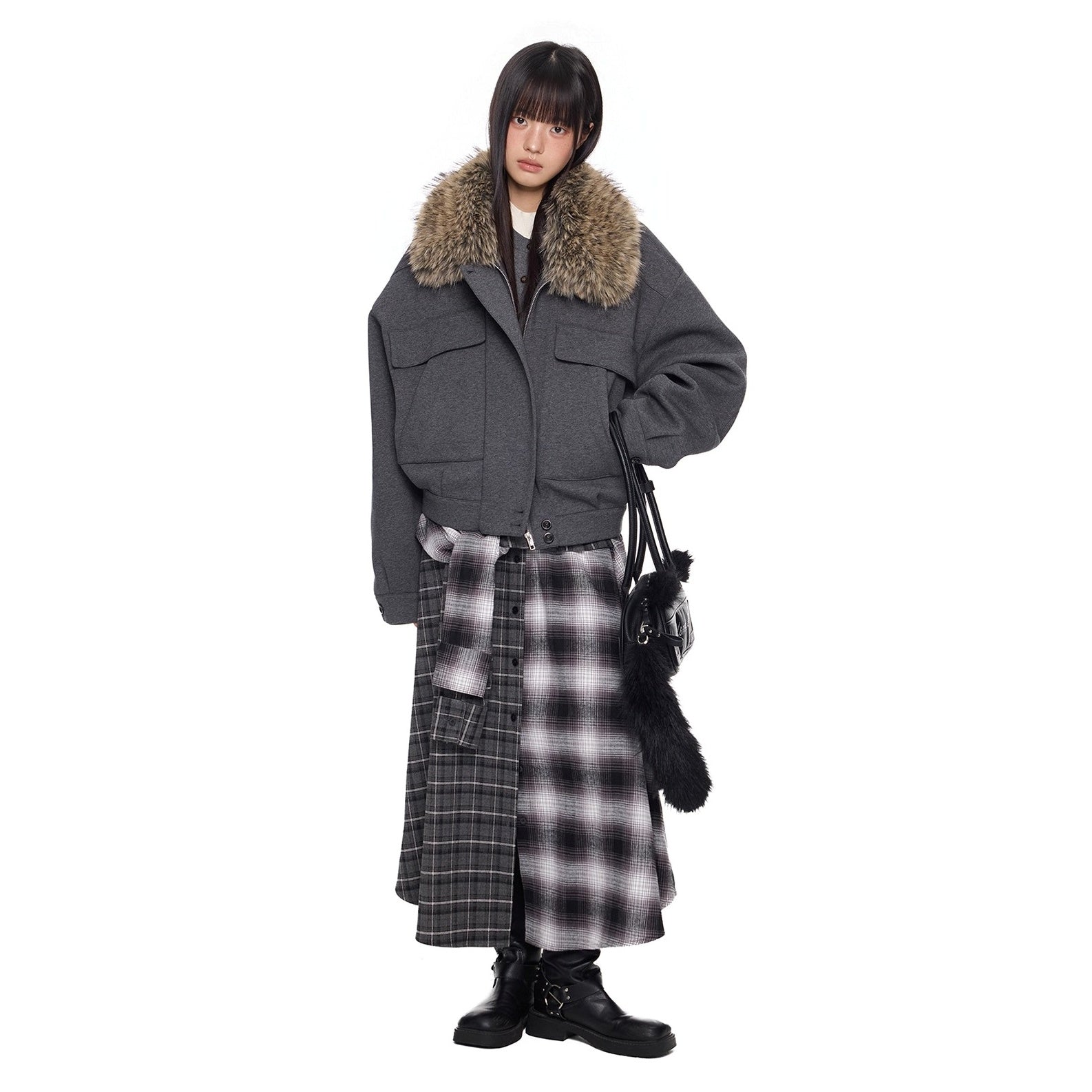 Fur Neck Pocket Cropped Jacket EZ285