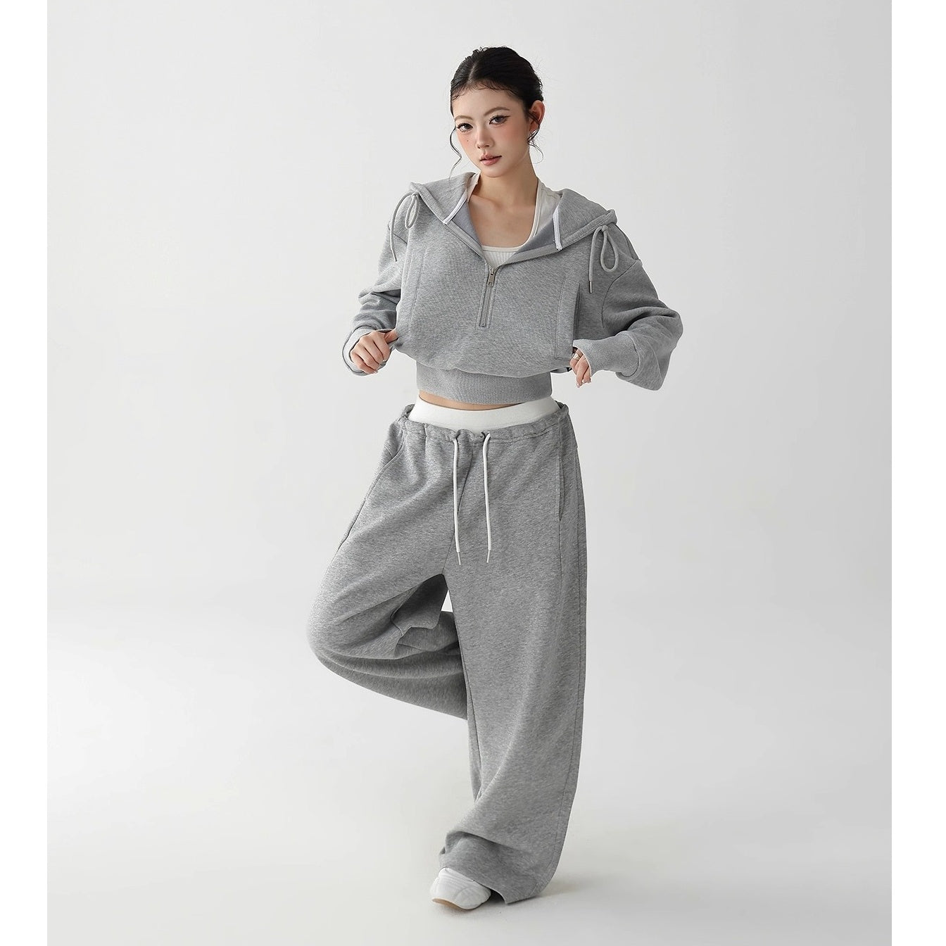 【上下別売り】Half-ZIP Cropped Hoodie & Loose Pants Set-up AC7159