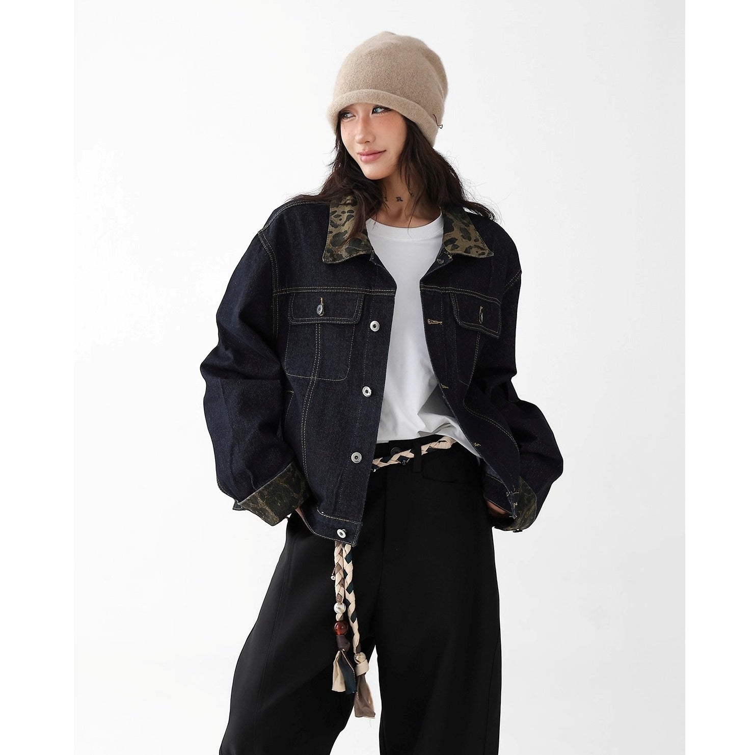 Leopard Collar Stitched Denim Jacket AC7154