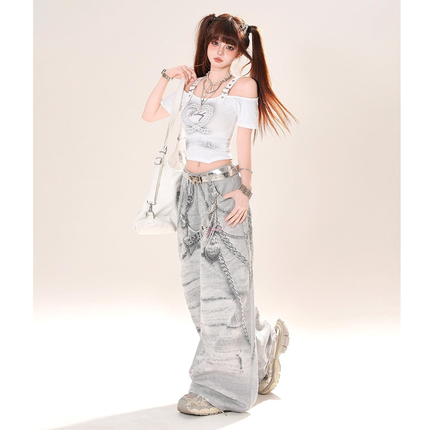 Chain＆Charm Print Loose Jeans KK2074