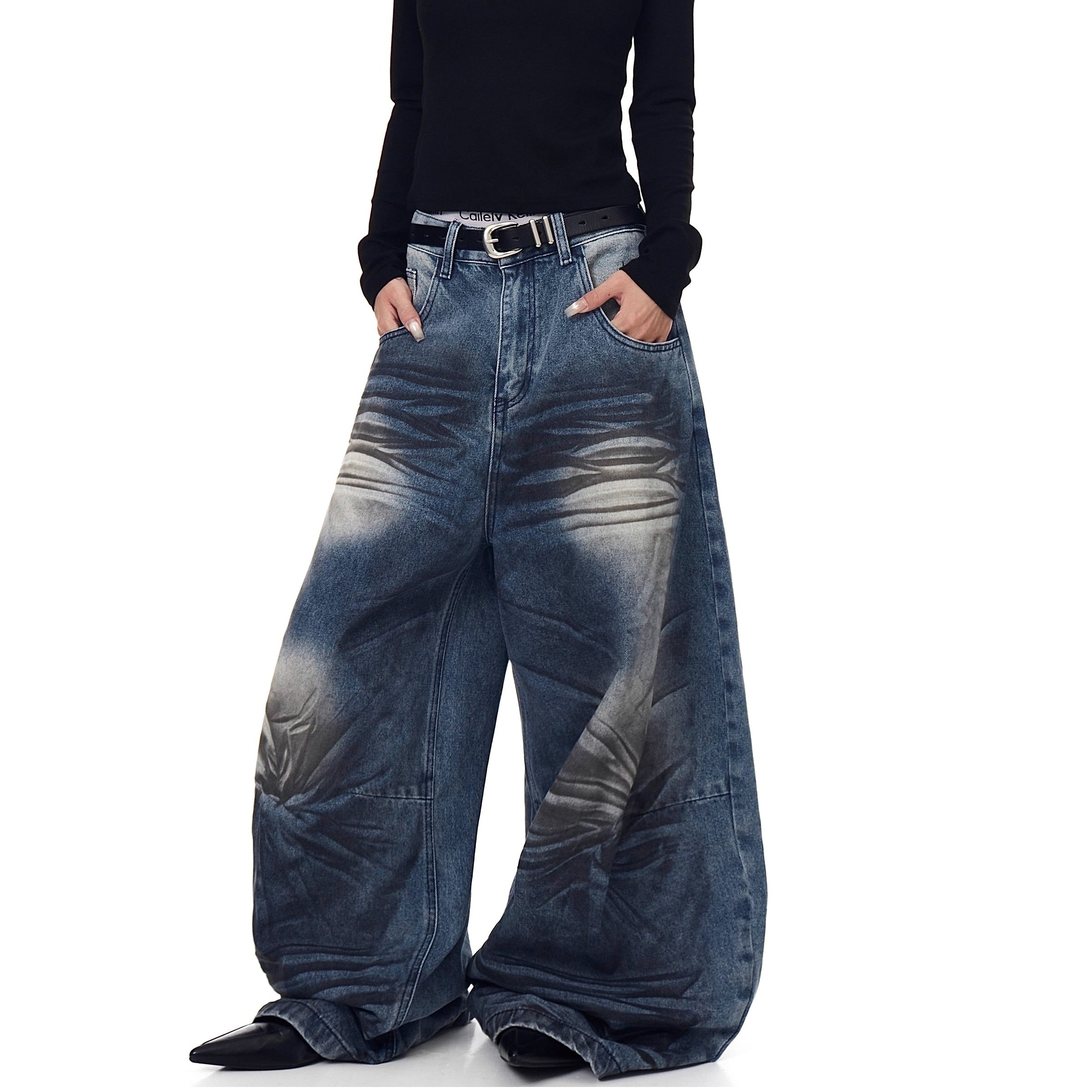 Washed Cat Whisker Printed Scimitar Jeans BK7029